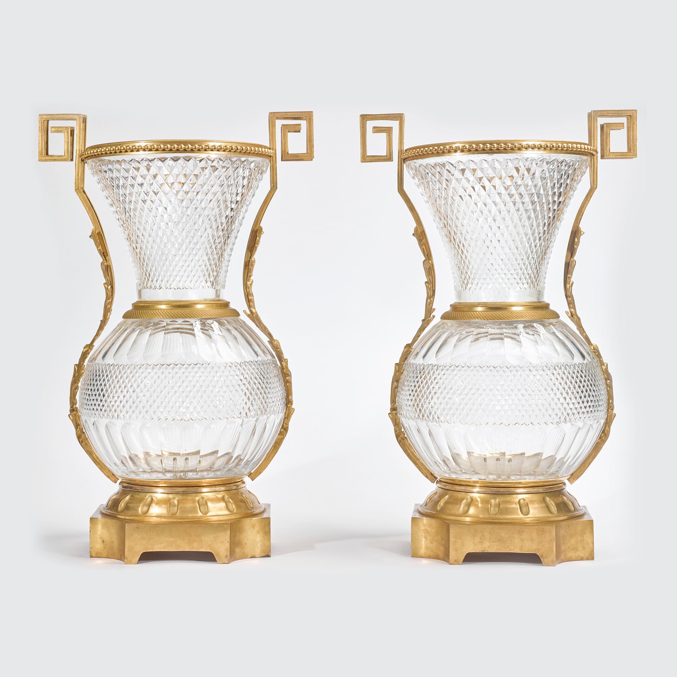 Gilt Early 20th Century Pair of Monumental French Ormolu-Mounted Cut Crystal Vases For Sale