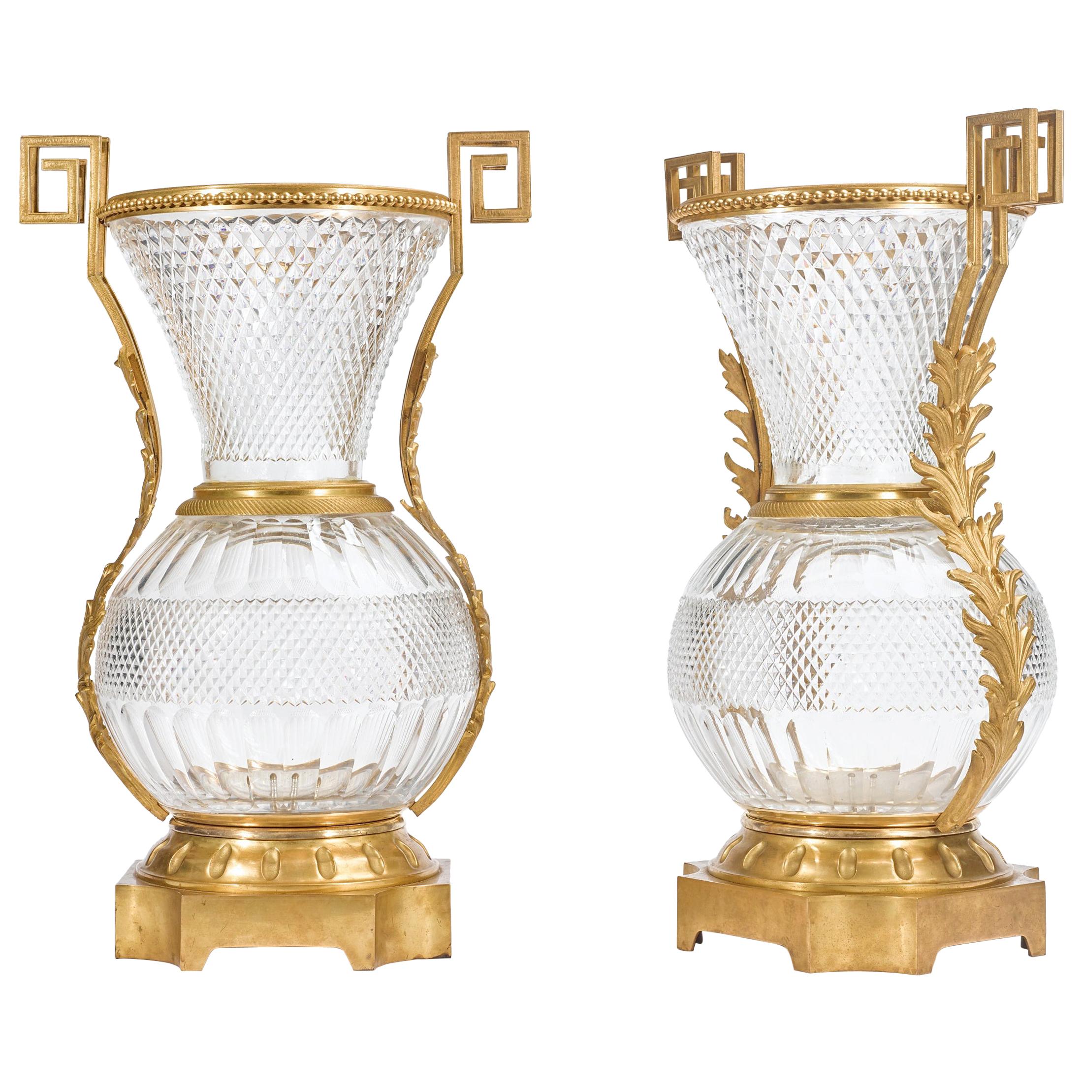 Early 20th Century Pair of Monumental French Ormolu-Mounted Cut Crystal Vases