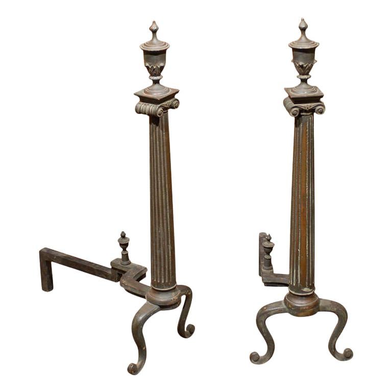 Early 20th Century Pair of Neoclassical Bronze Andirons, Urn Finial, Stamped