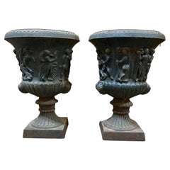 Early 20th Century Pair of Neoclassical Style Cast Iron Garden Urns