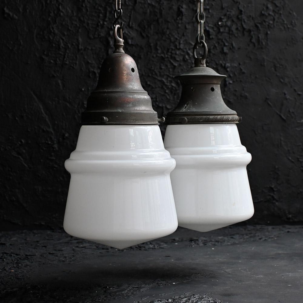 Brass Early 20th Century pair of opaline glass pendants For Sale