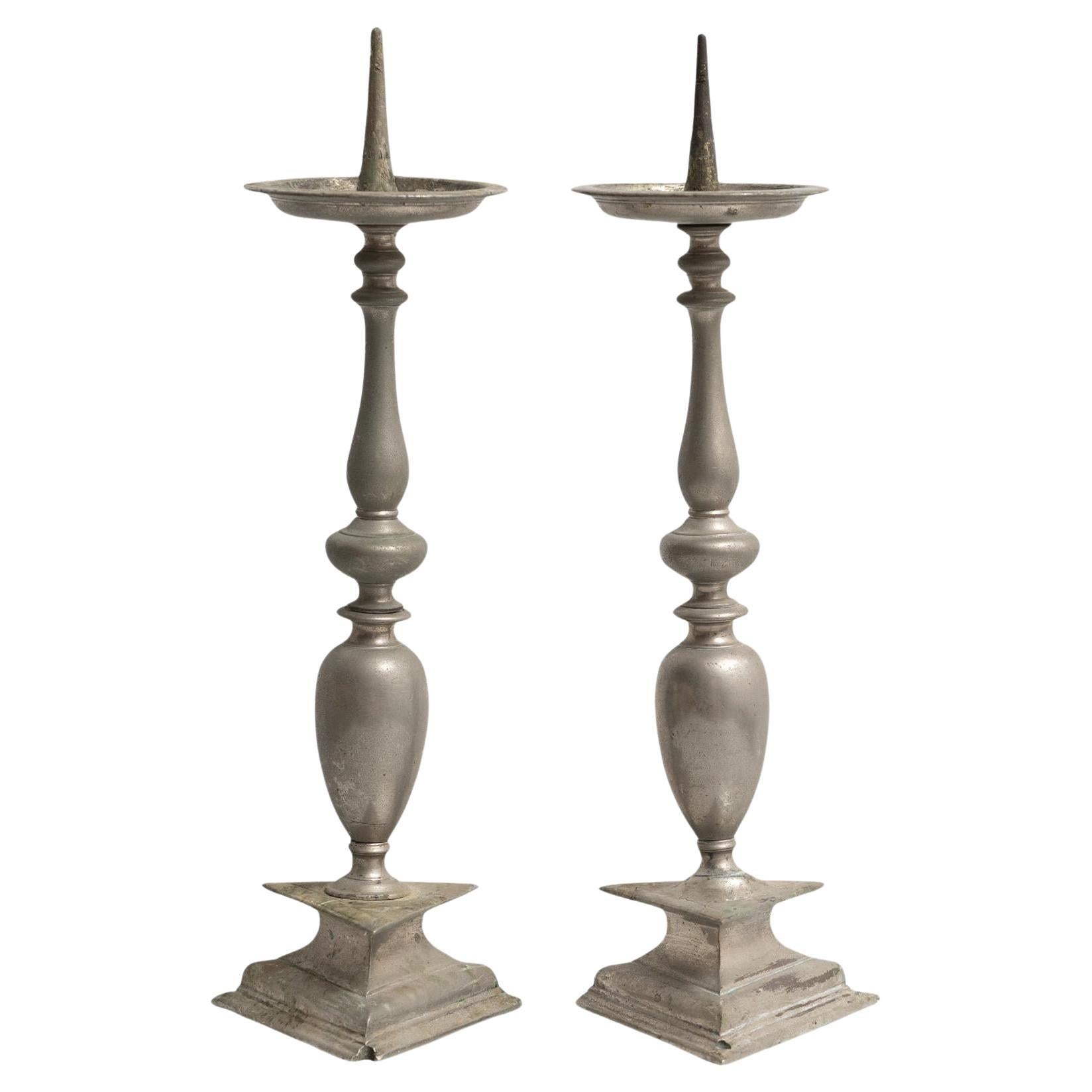 Early 20th Century Pair of Popular Traditional Rustic Metal Candlesticks