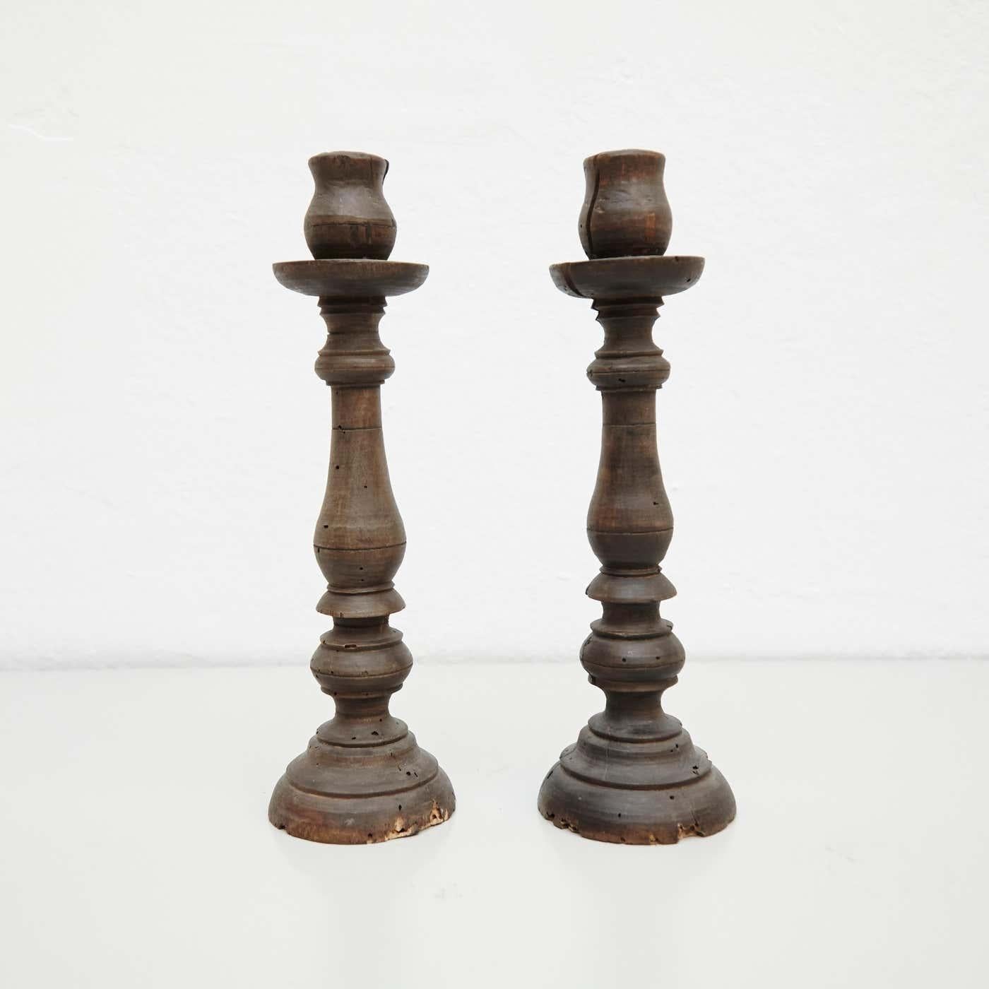 Early 20th Century Pair of Popular Traditional Rustic Wood Candlesticks 12