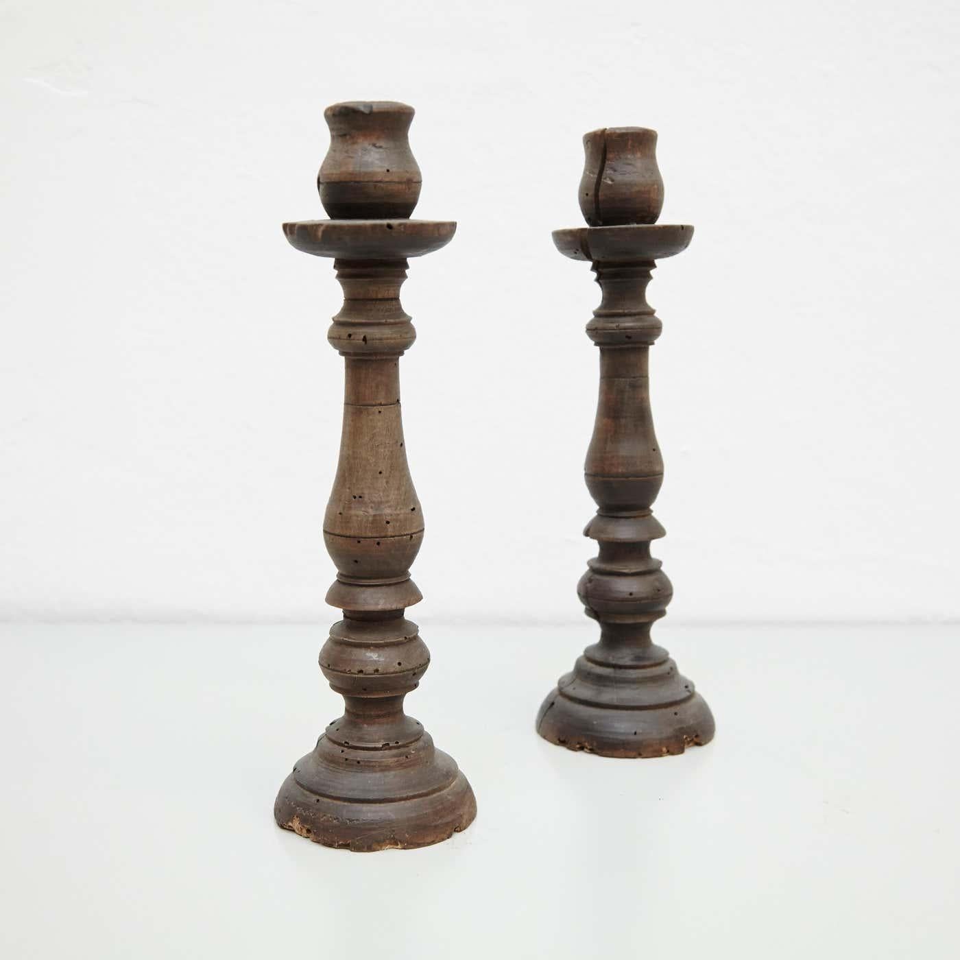 French Early 20th Century Pair of Popular Traditional Rustic Wood Candlesticks
