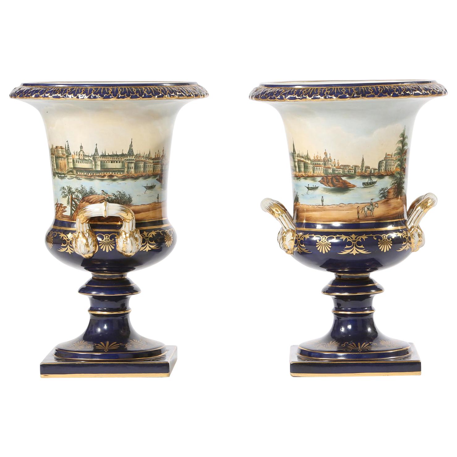 Early 20th Century Pair Porcelain Urns / Campana Shaped Vases For Sale