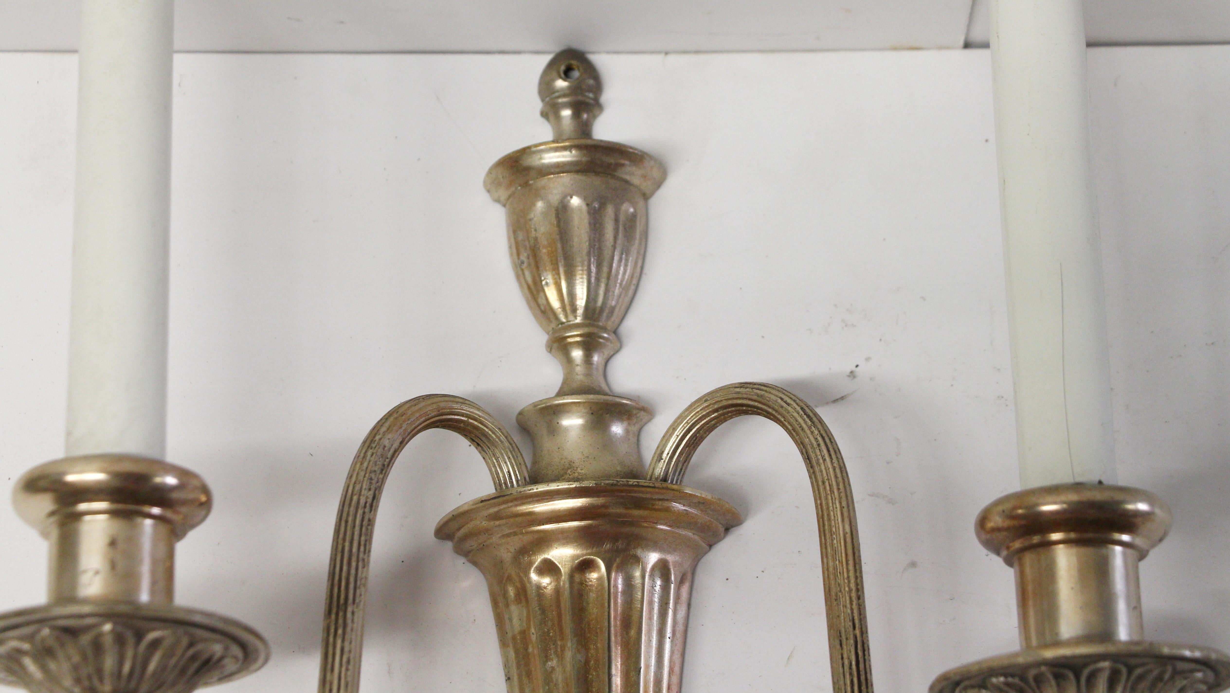 North American Early 20th Century Pair of Silver Over Brass Federal Style Two-Arm Sconces