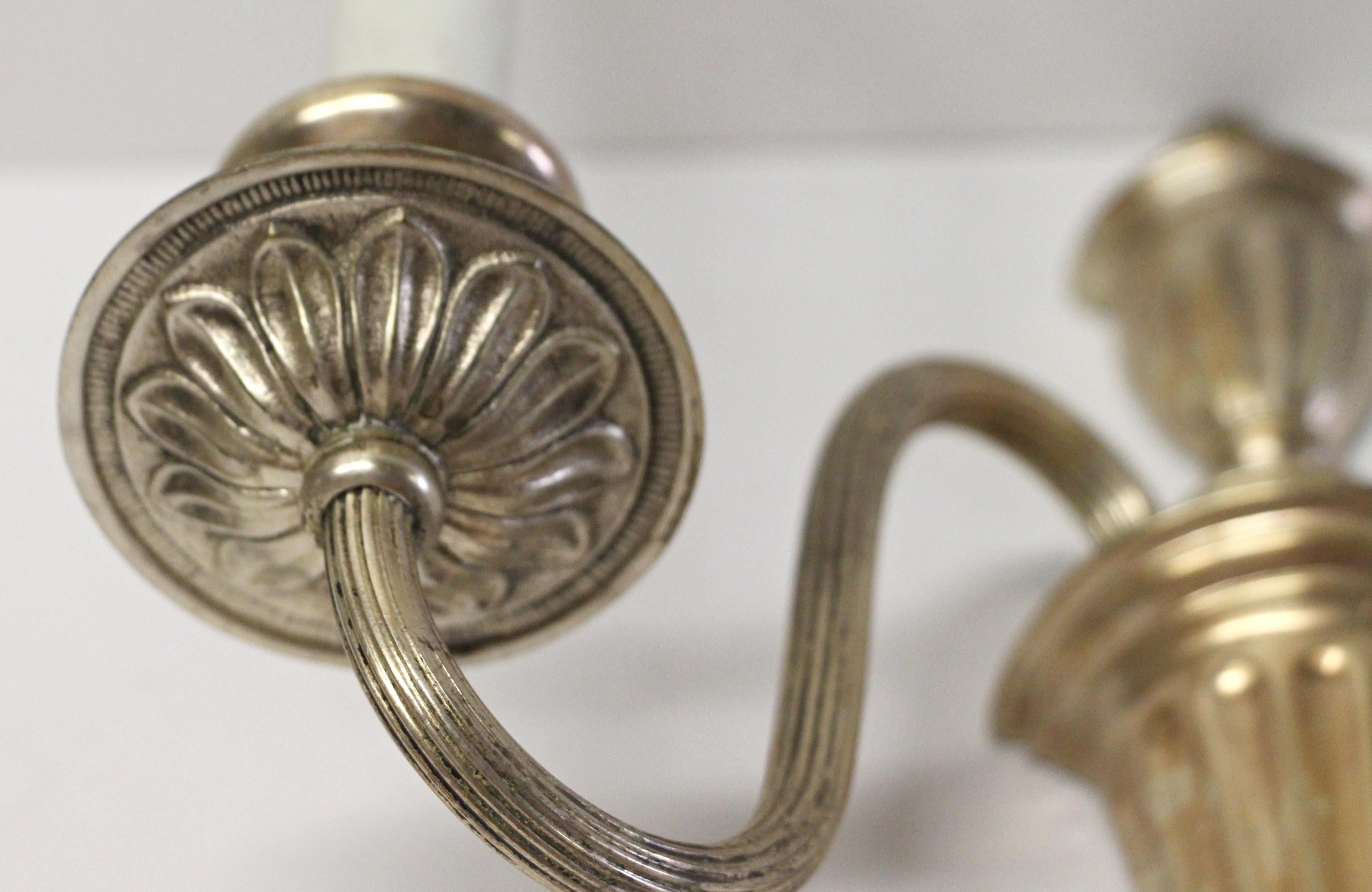 Silvered Early 20th Century Pair of Silver Over Brass Federal Style Two-Arm Sconces
