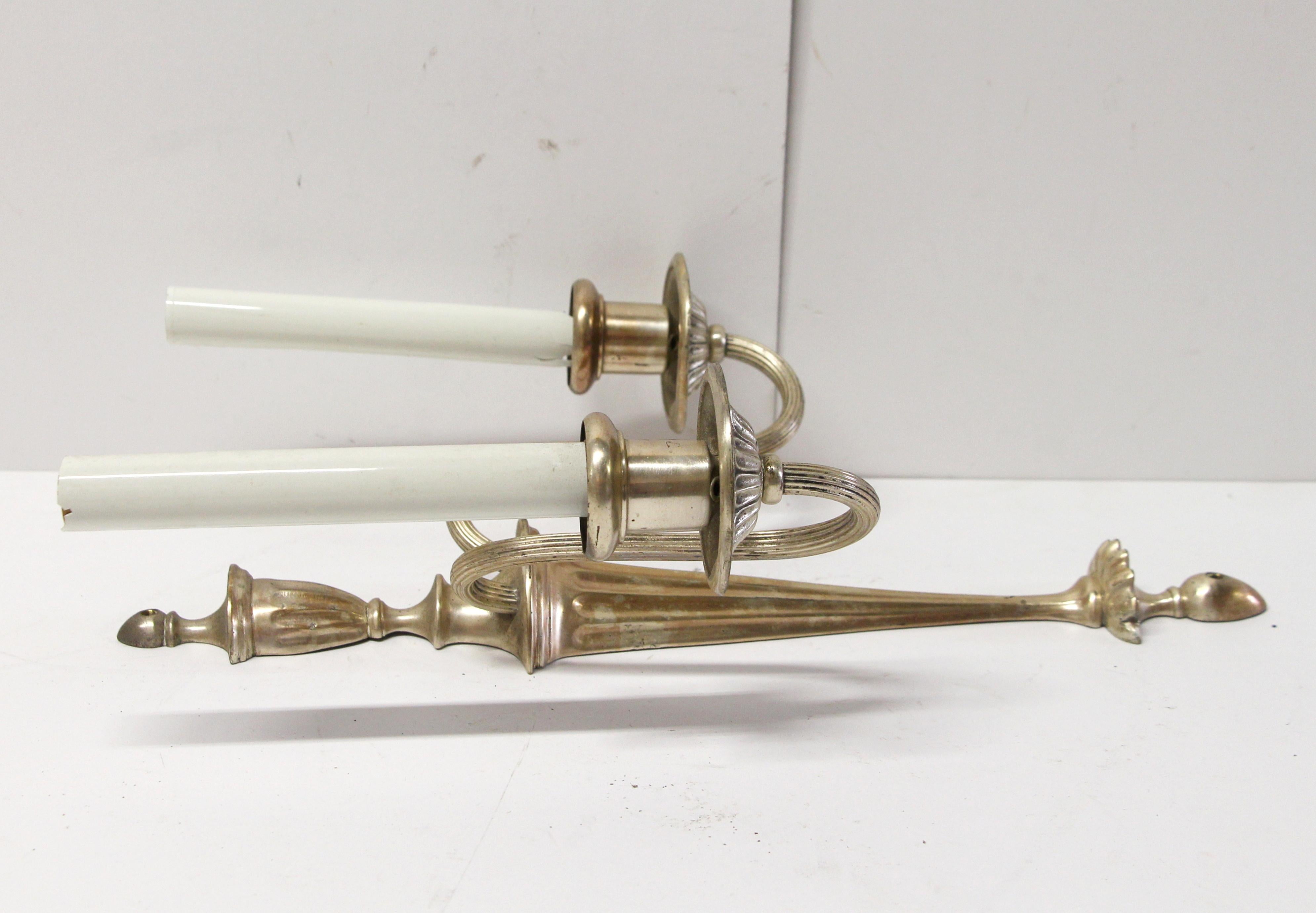 Early 20th Century Pair of Silver Over Brass Federal Style Two-Arm Sconces 1