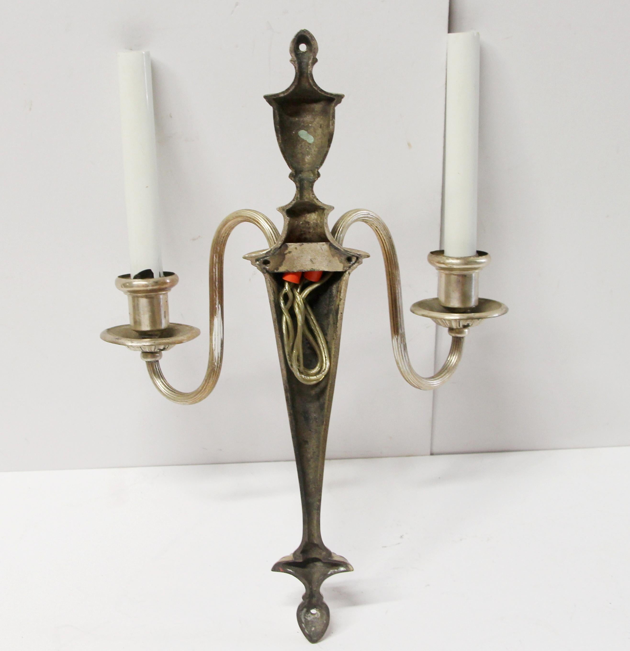 Early 20th Century Pair of Silver Over Brass Federal Style Two-Arm Sconces 2