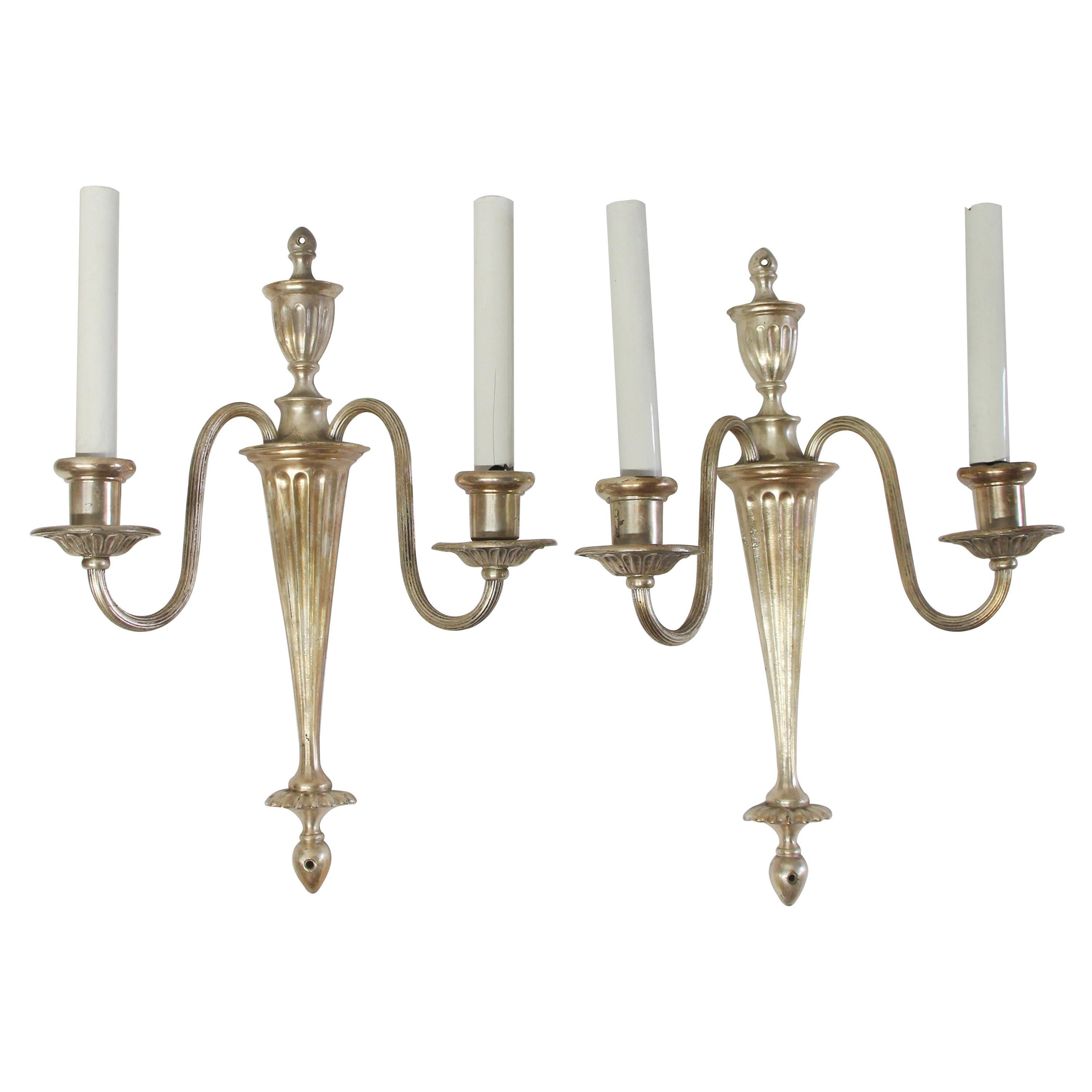 Early 20th Century Pair of Silver Over Brass Federal Style Two-Arm Sconces