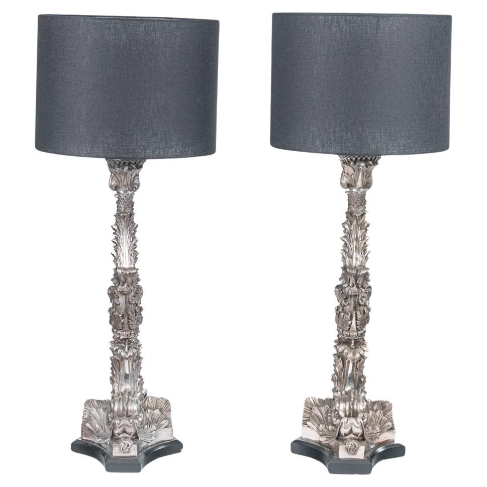 Coppia di lampade da tavolo a delfino in bronzo argentato dei primi del Novecento in vendita