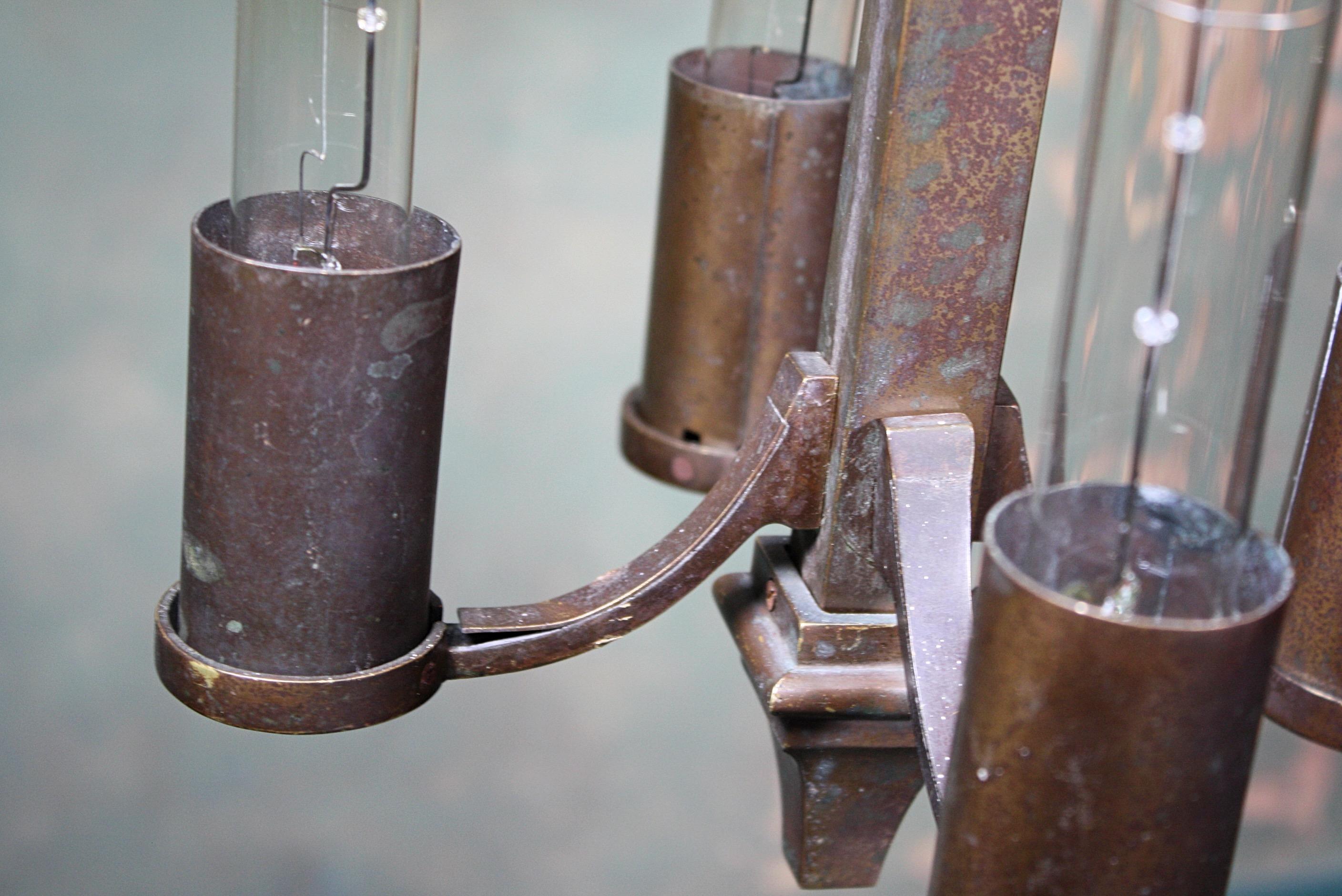 Early 20th Century Pair of Small Modernist Bronze Pedestal Pendants Lanterns 4