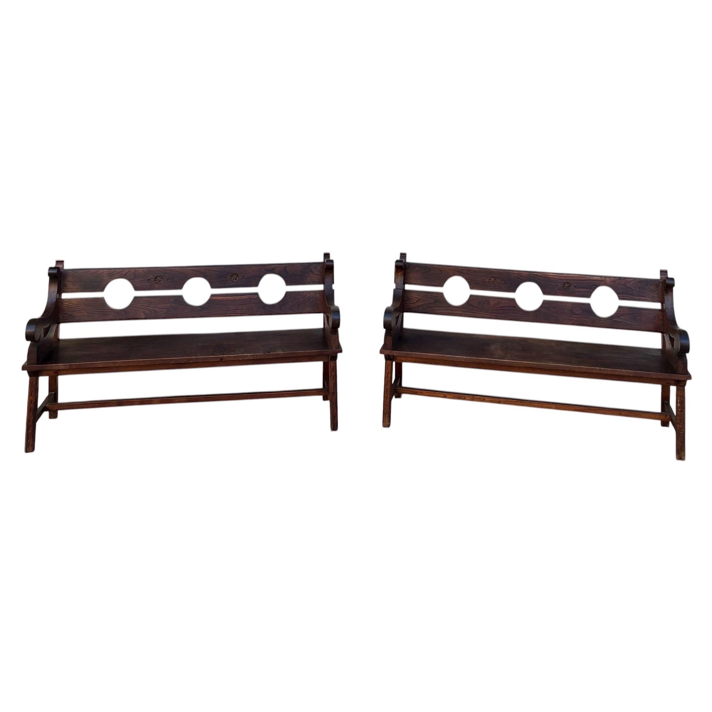 Early 20th Century Pair Of Spanish Handmade Solid Wood Benches