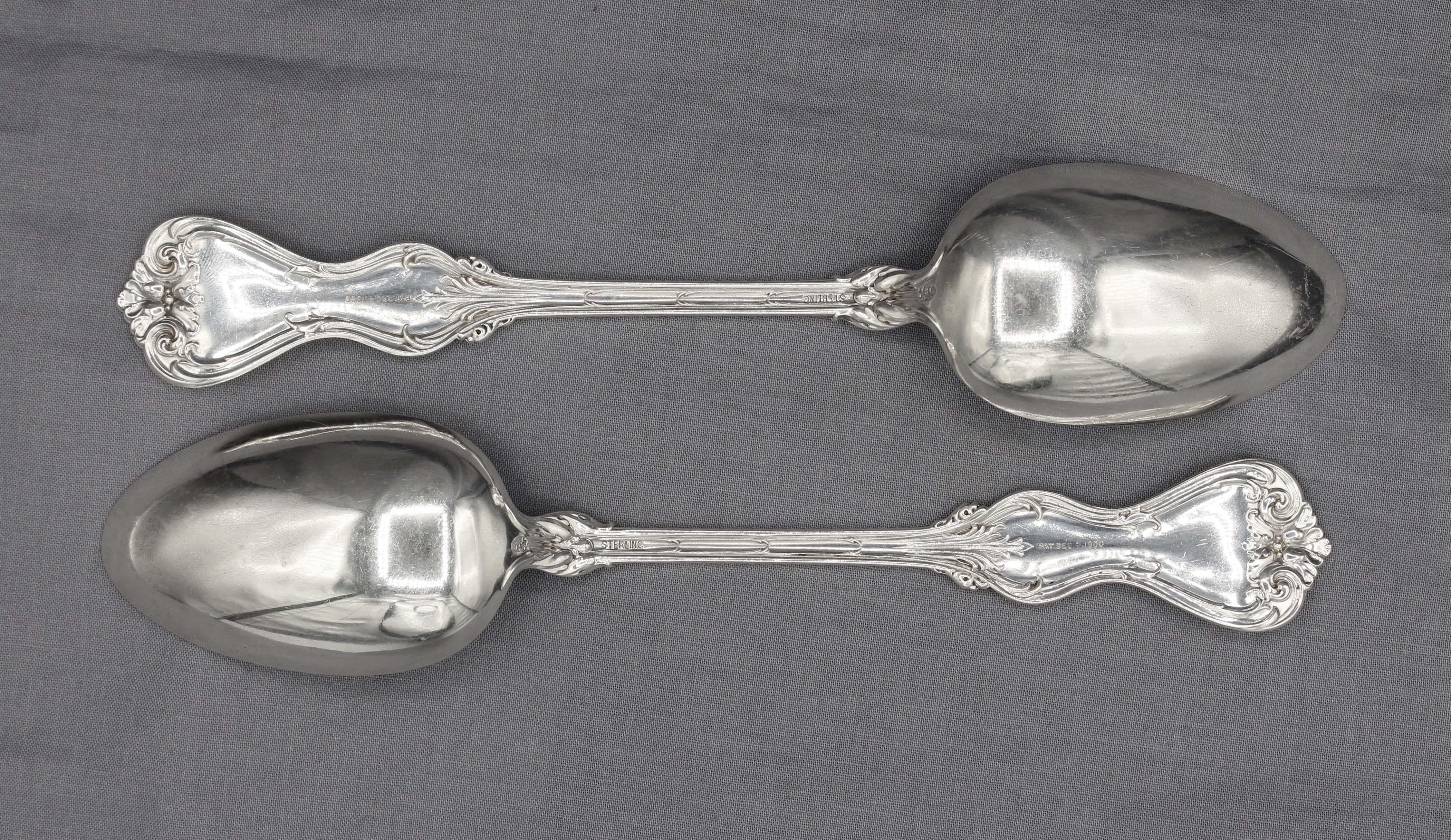 Antique pair of sterling silver tablespoons, Duke of York pattern by Gorham. Pattern patented Dec. 1, 1900. Period monogram, 