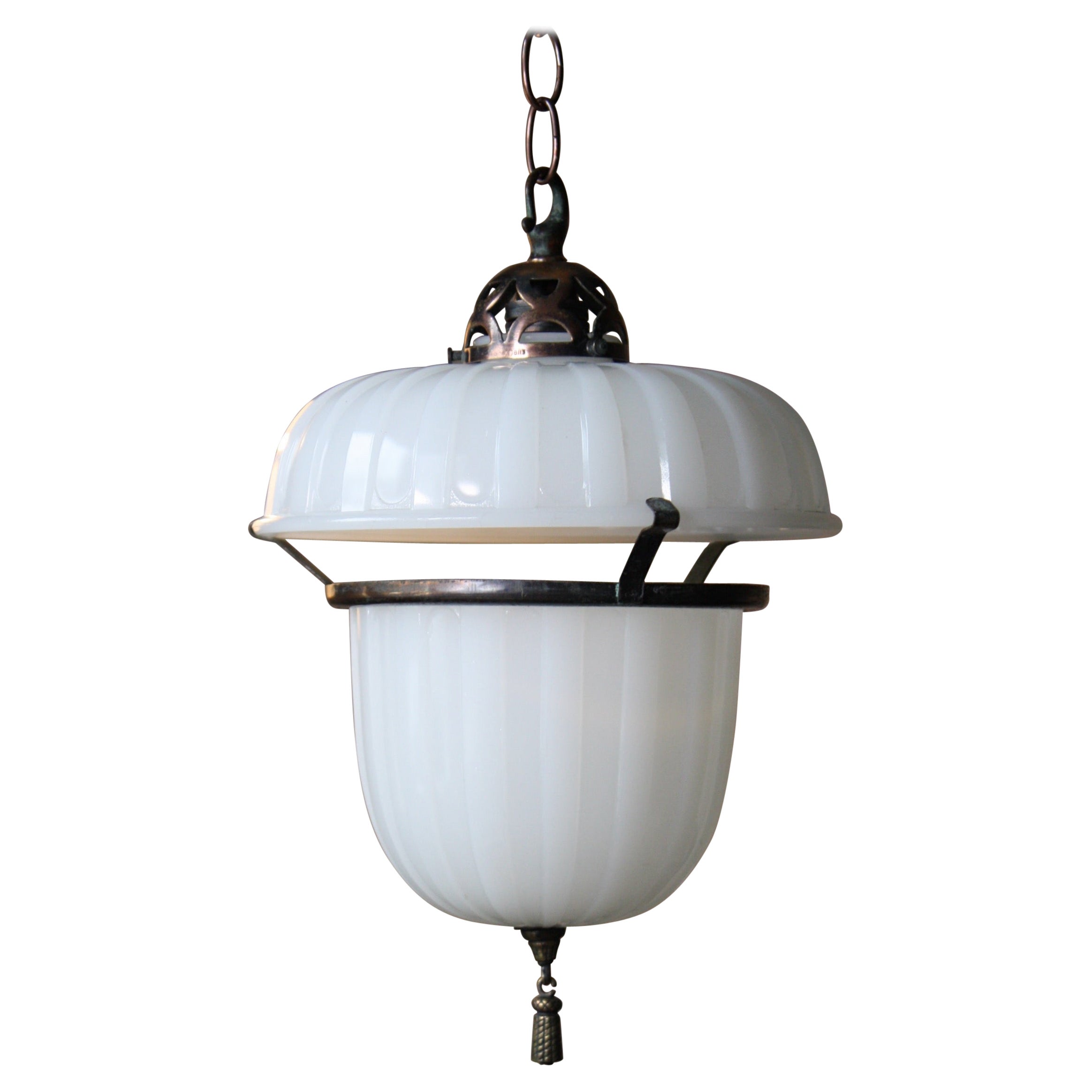 Early 20th Century Pair of Stransky New York Pressed Milk Glass Pendants