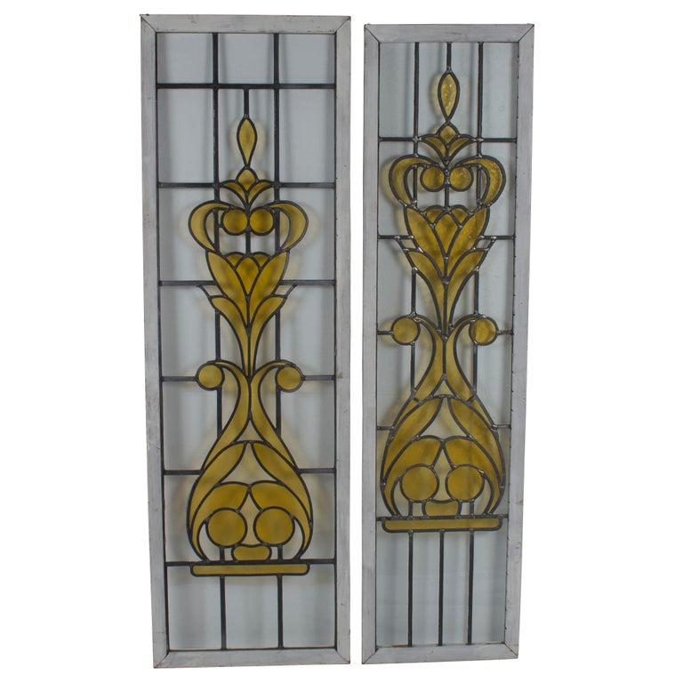 Early 20th Century Pair of Tall Leaded Stained Glass Panels For Sale at