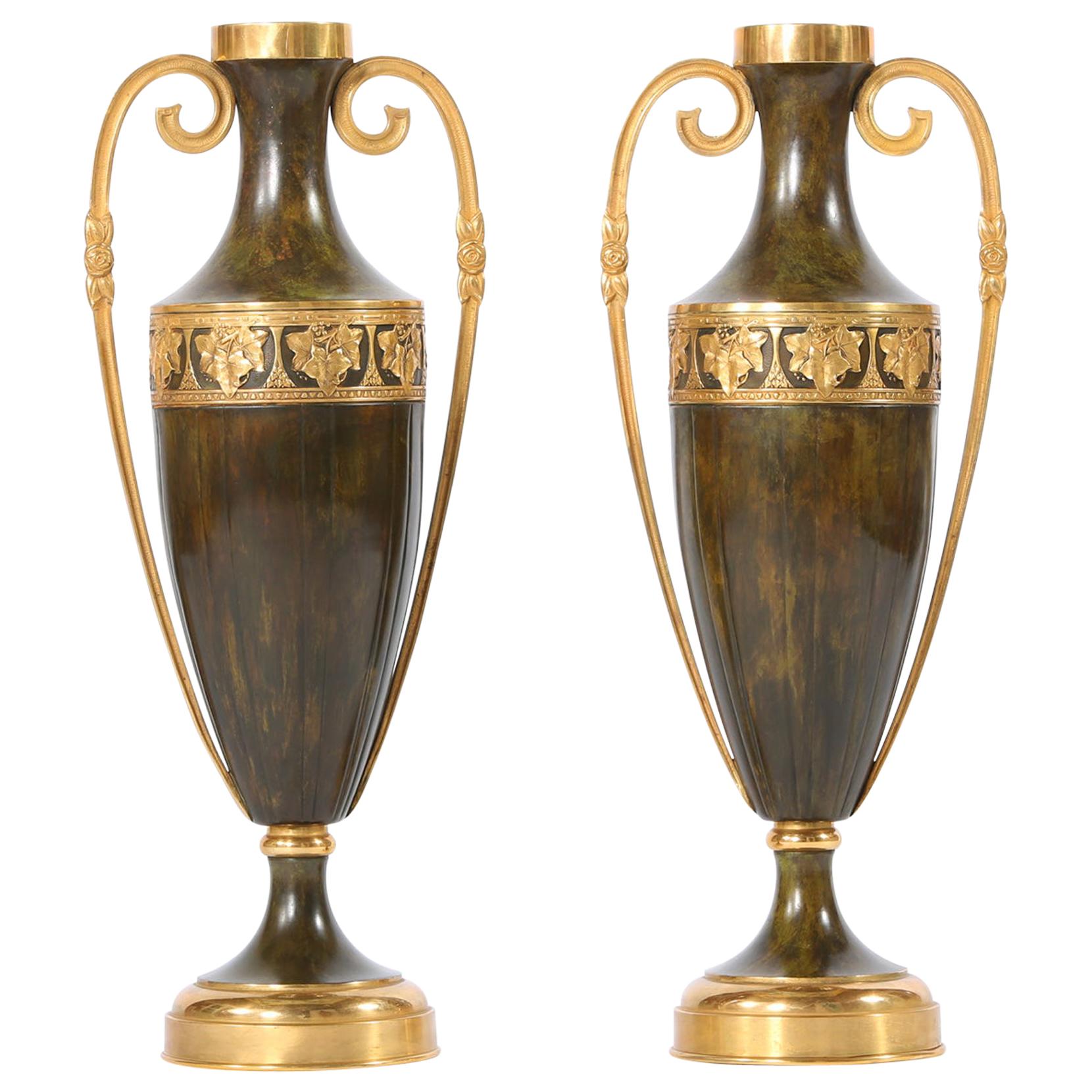 Early 20th Century Pair Tall Patinated Bronze Vases / Pieces For Sale