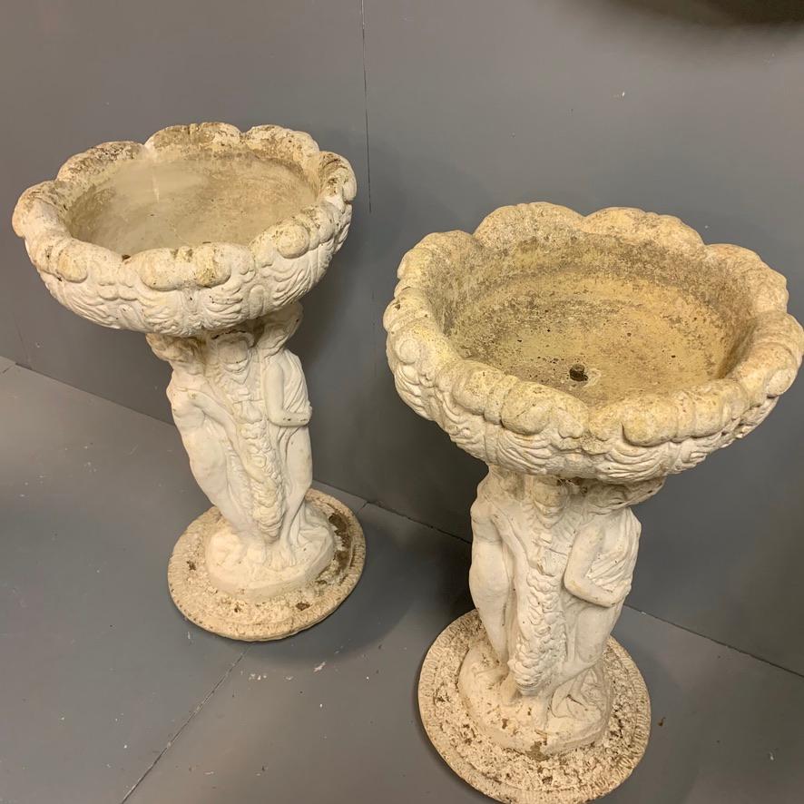 Greek Revival Early 20th Century Pair of White Washed Stone Garden Urns with Figure Columns