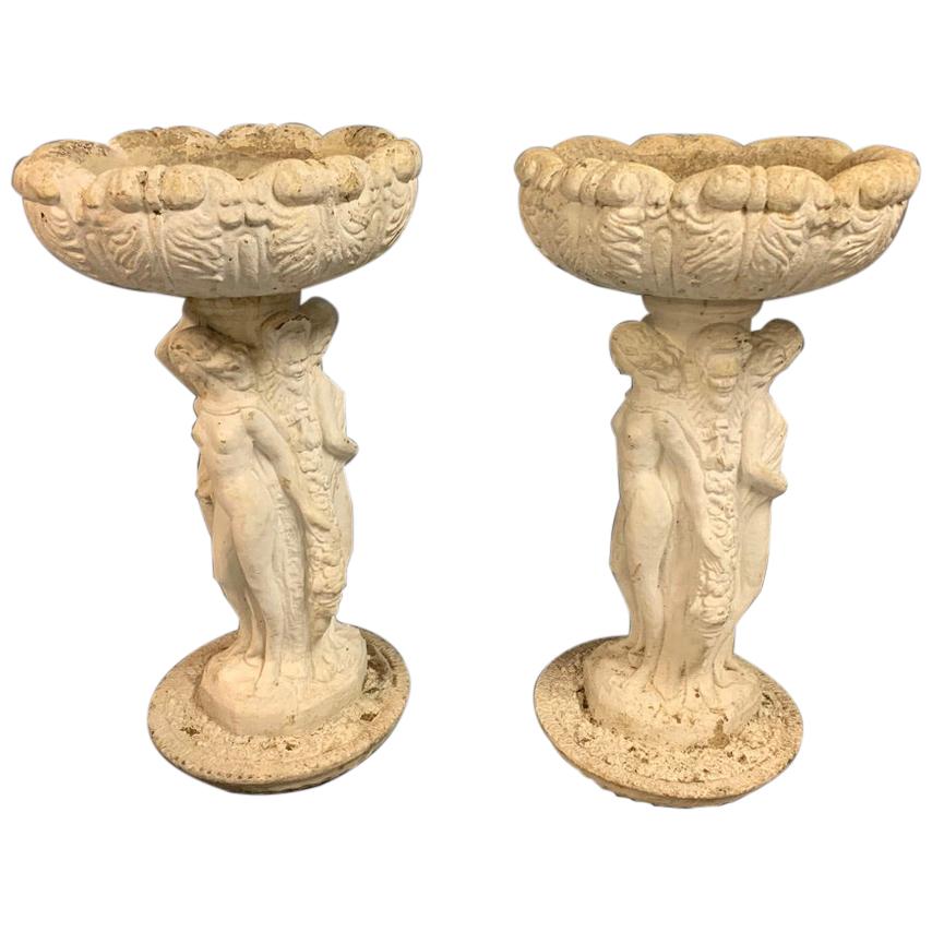 Early 20th Century Pair of White Washed Stone Garden Urns with Figure Columns