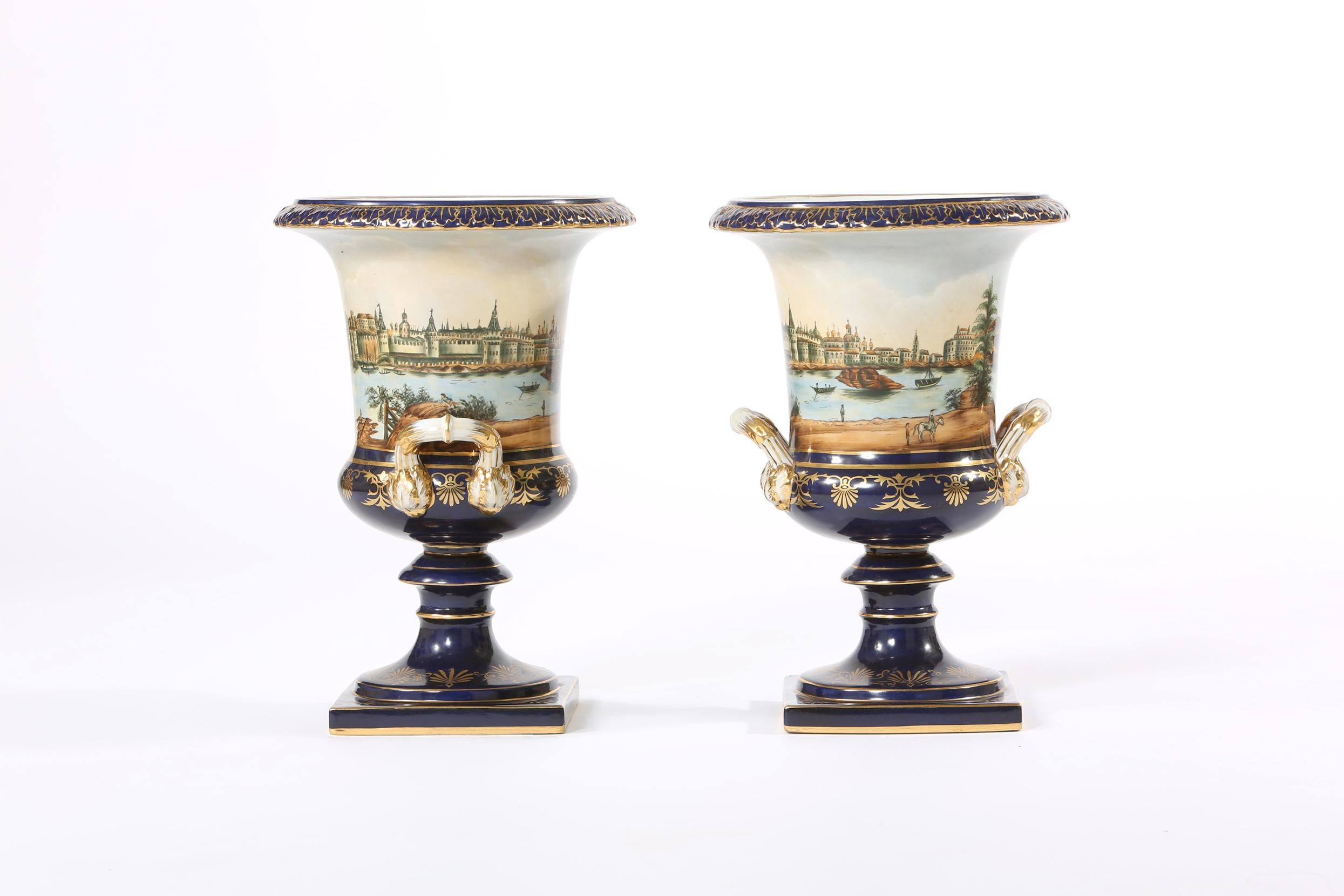 Early 20th Century Pair Porcelain Urns / Campana Shaped Vases For Sale 6