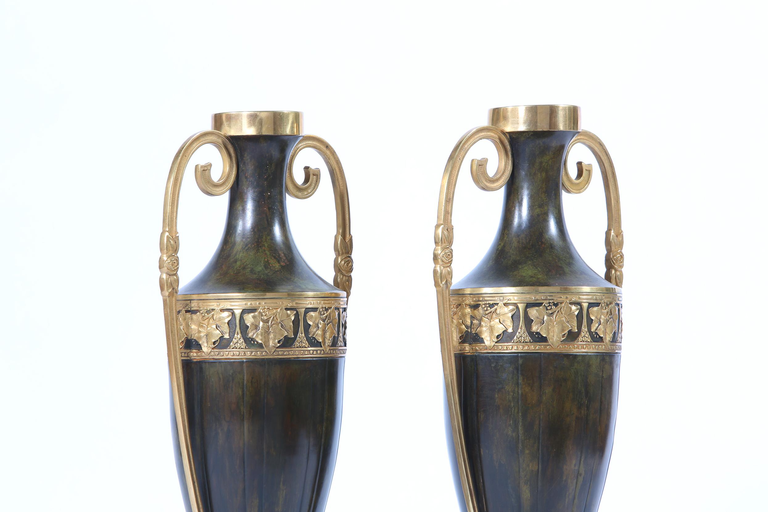 Gilt Early 20th Century Pair Tall Patinated Bronze Vases / Pieces For Sale