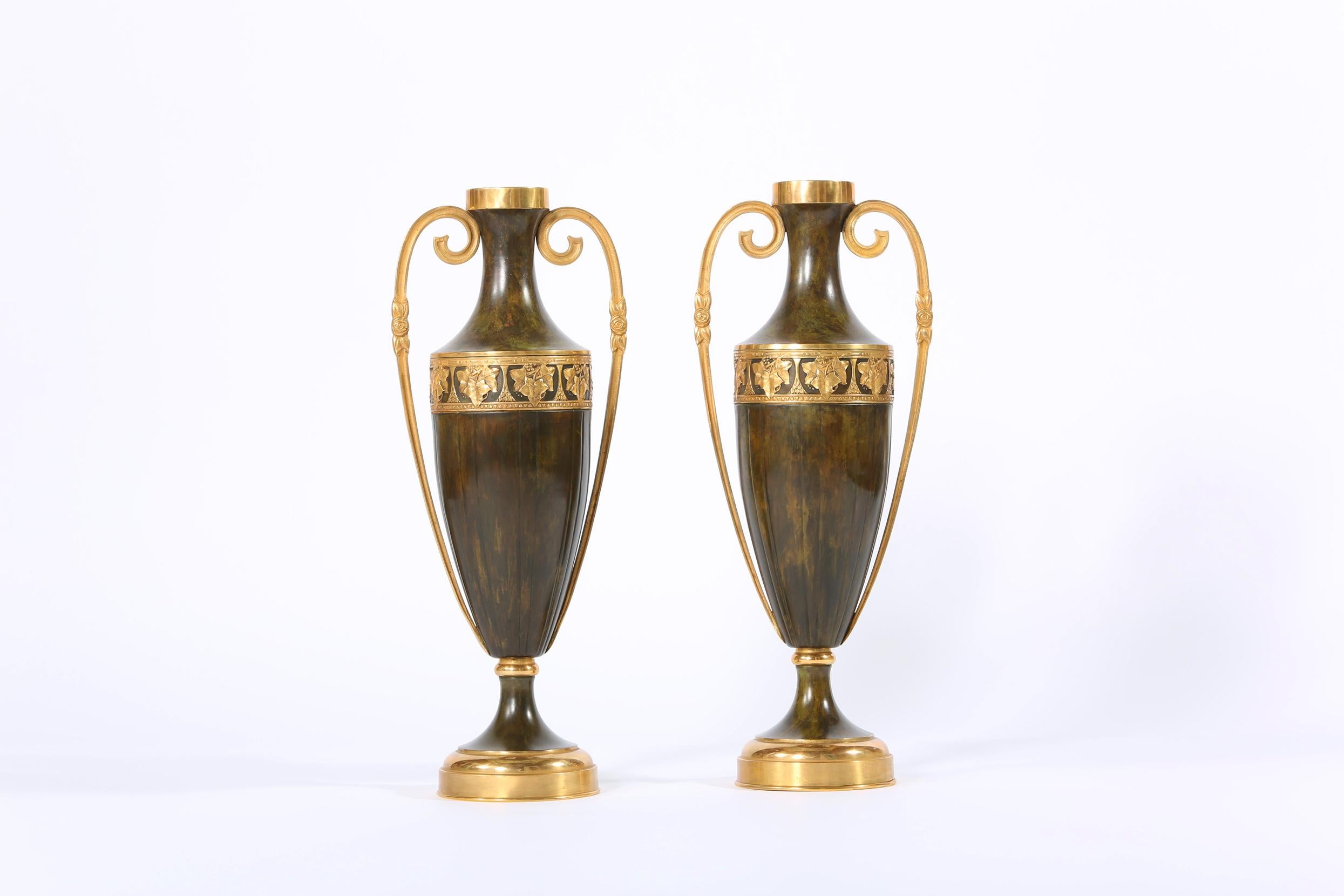 Early 20th Century Pair Tall Patinated Bronze Vases / Pieces For Sale 2