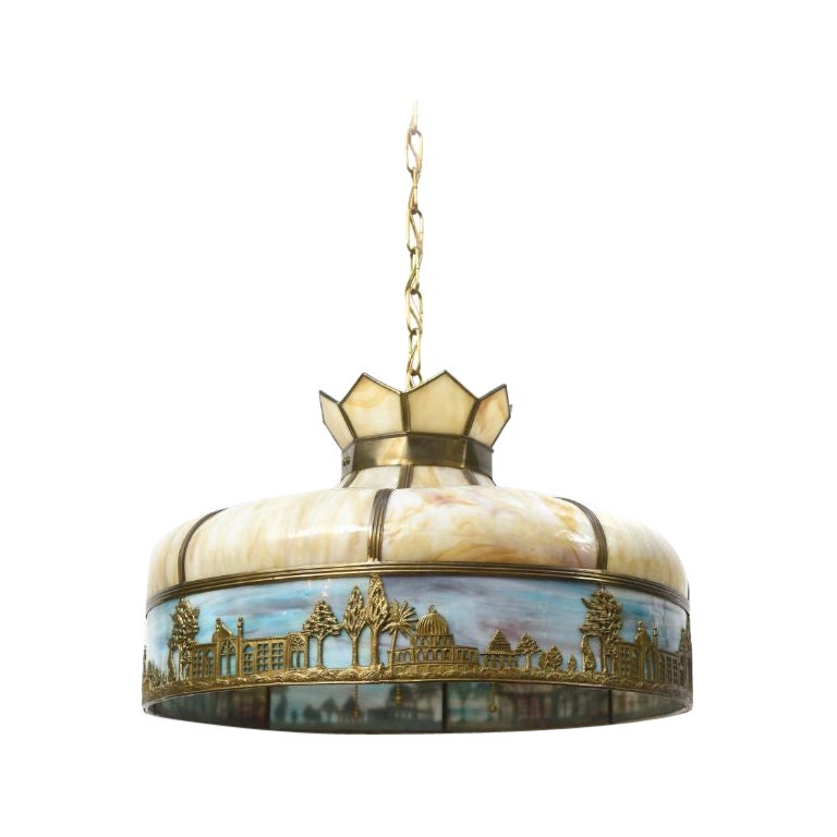 Early 20th Century Panel Shade Pendant with Arabic Style Motif