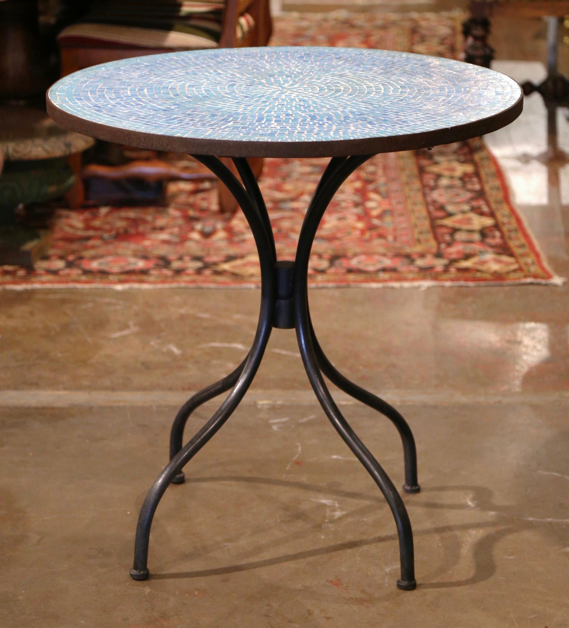 Country Early 20th Century Parisian Iron Bistrot Table with Mosaic Tile Top