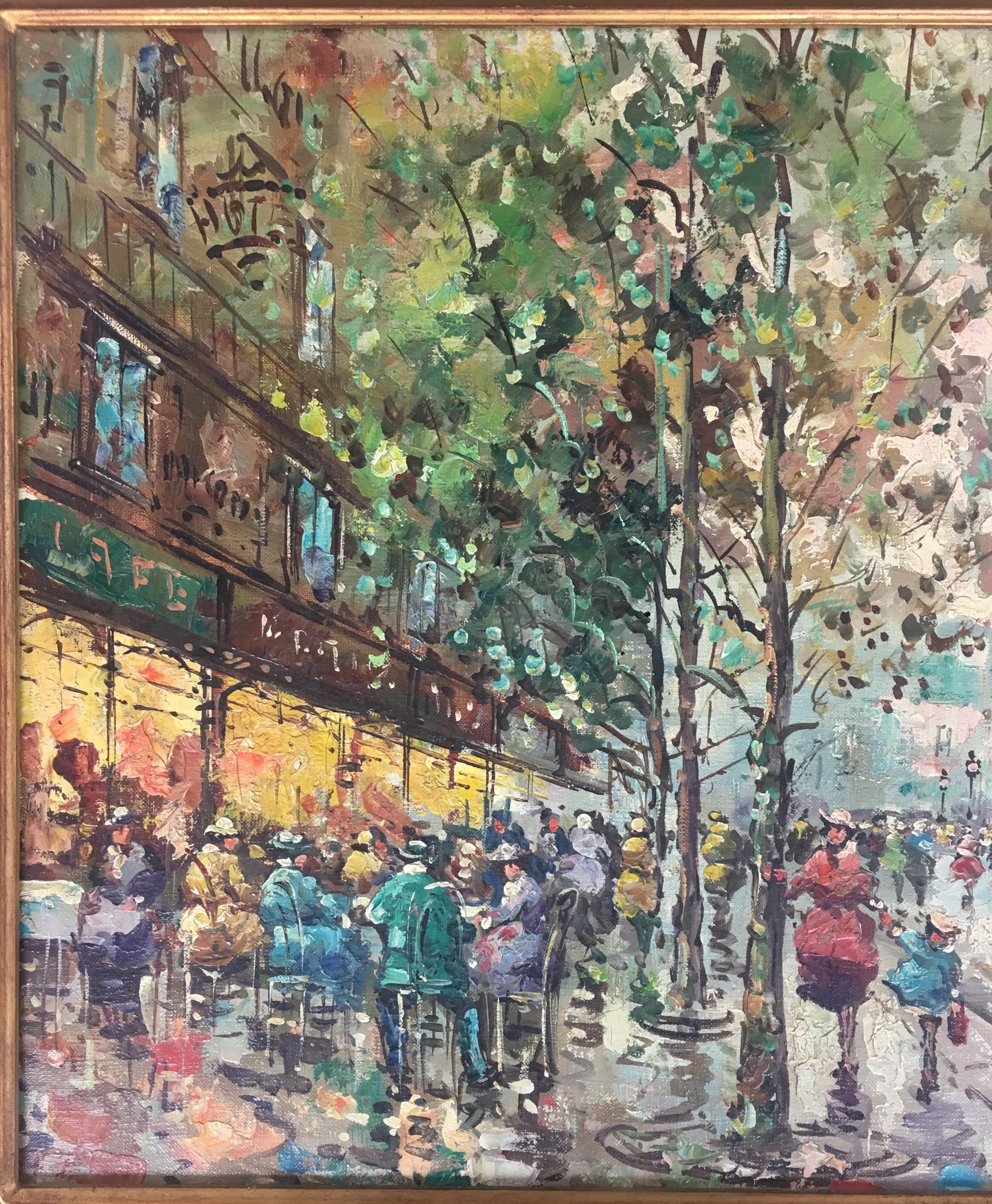 Impressionist view of a street scene in Paris. This painting perfectly depicts life in Paris with its restaurants, busy streets, cafes, hotels, monuments, and wonderful architecture. The location appears to be near Laduree, near Place de La