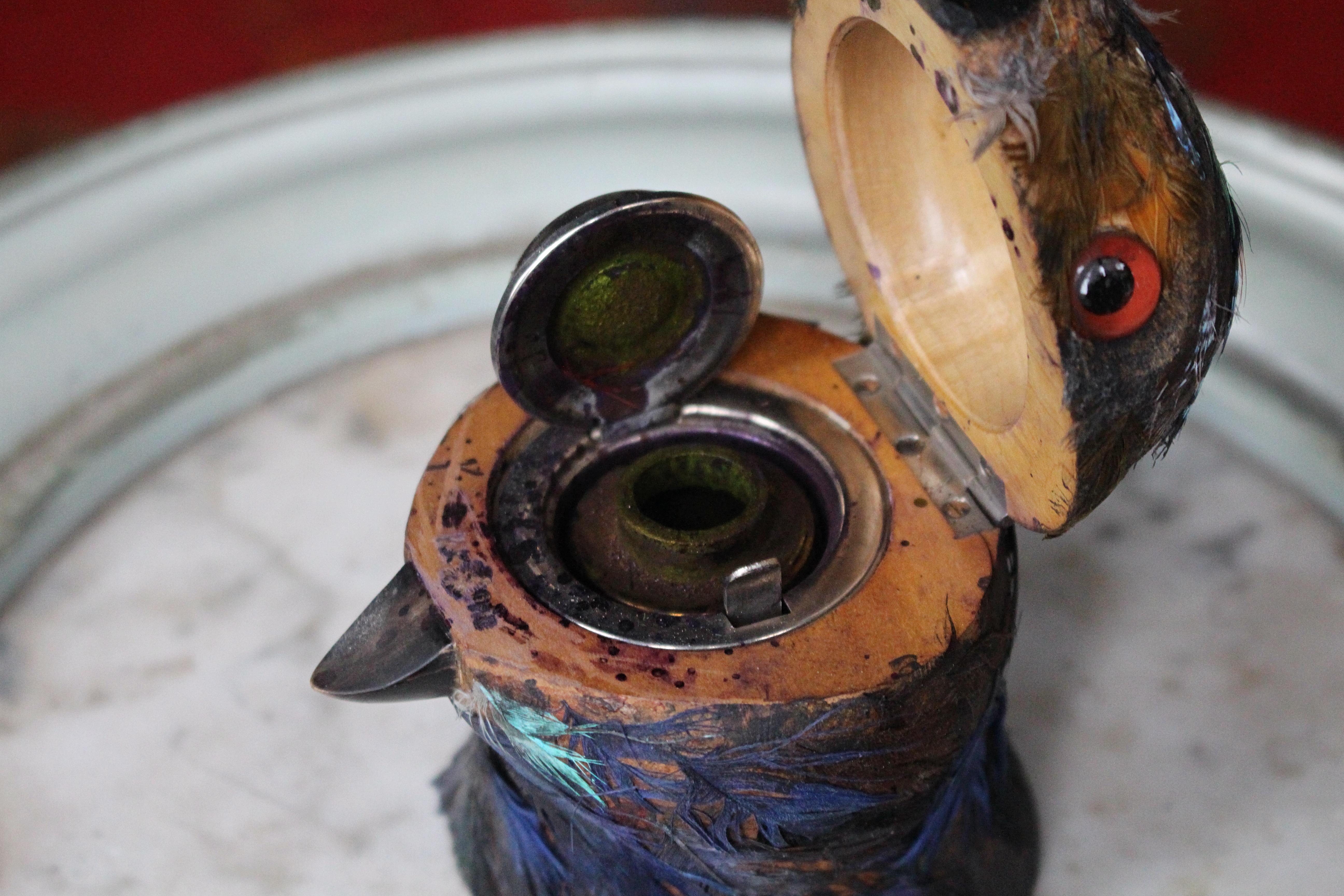 Early 20th Century Parrot Ink Well, Glass Eyes, Hand Dyed Feathers For Sale 2