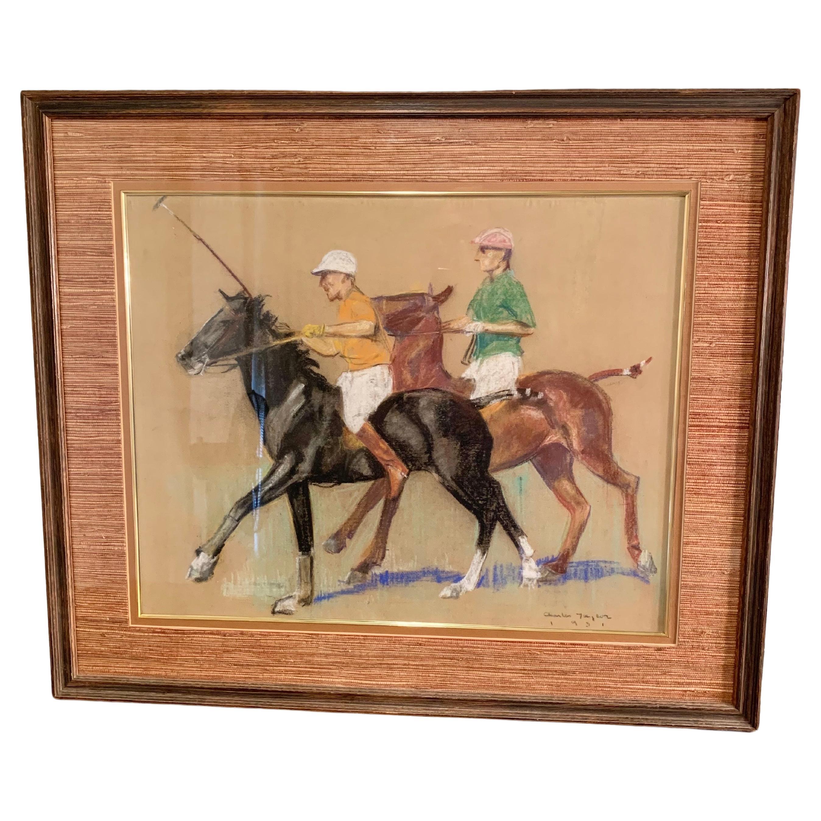 An original equestrian themed pastel and crayon drawing, this Early 20th Century Polo Players Art depicts two polo players on galloping thoroughbred horses. The piece in greens, blues, whites, yellows, browns and blacks is signed and dated Charles