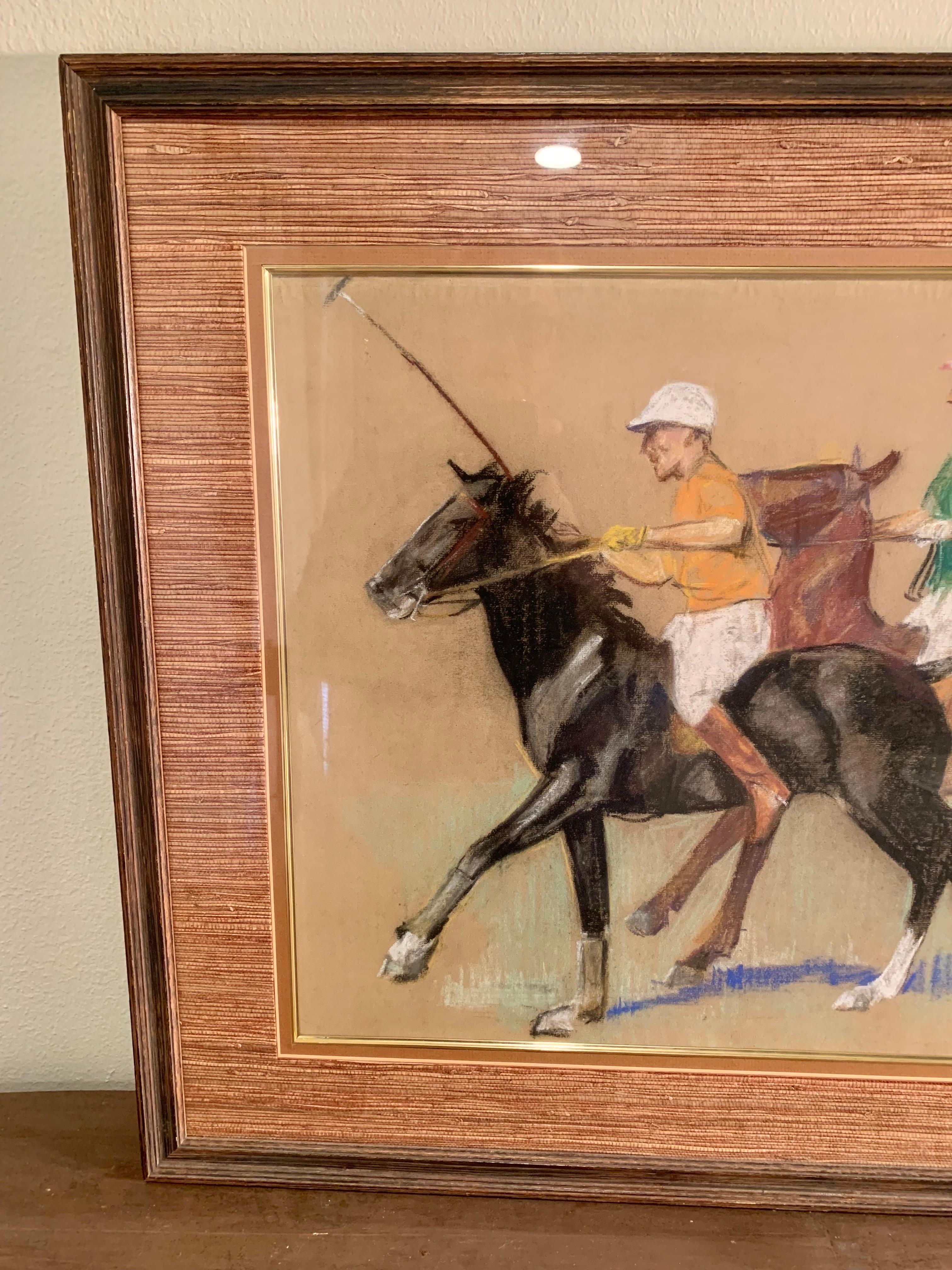 Hand-Crafted Early 20th Century Pastel and Crayon Polo Players Impressionism Art For Sale