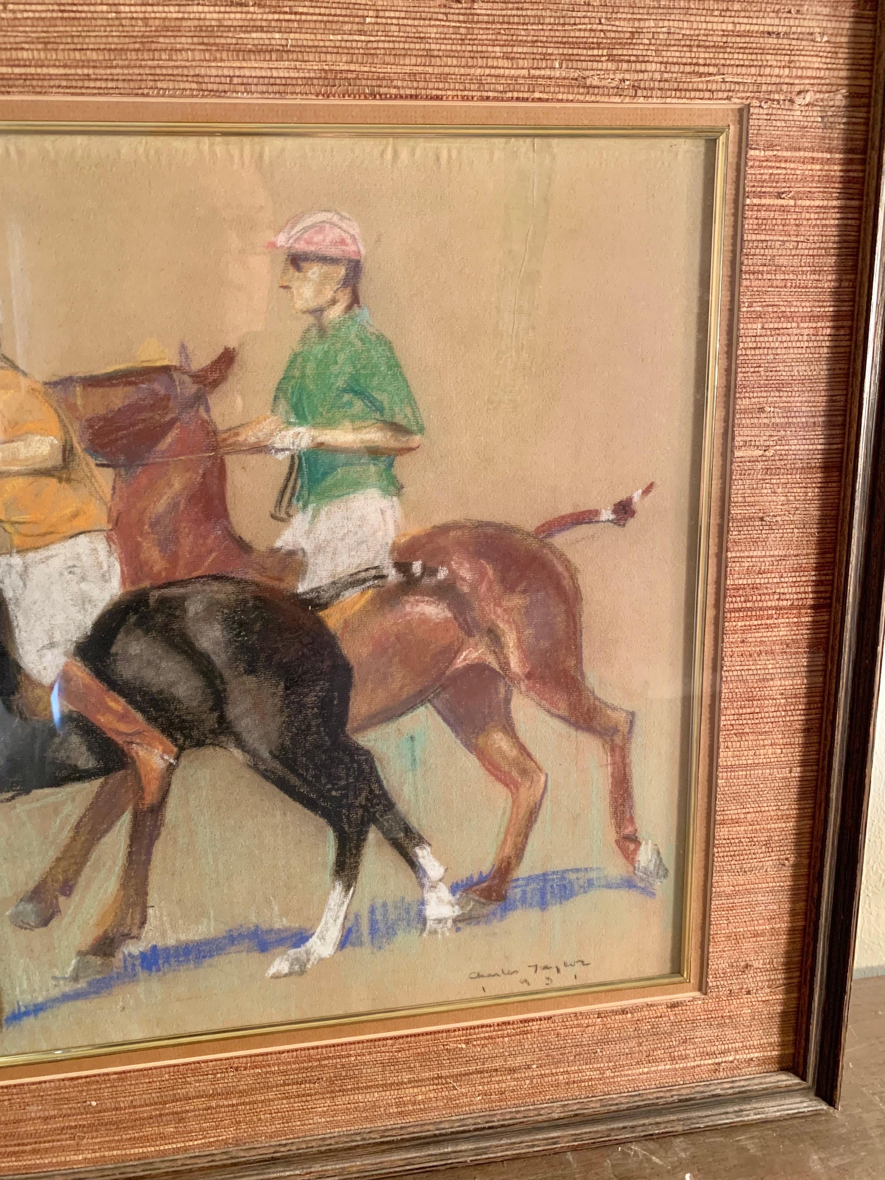 Impressionismus-Kunst des frühen 20. Jahrhunderts Pastell- und Buntstift-Polospieler im Zustand „Gut“ im Angebot in Burton, TX