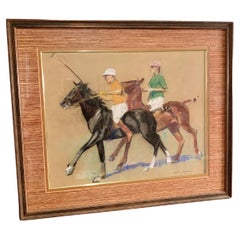 Antique Early 20th Century Pastel and Crayon Polo Players Impressionism Art