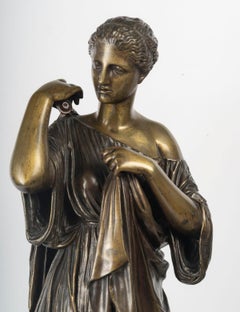 Early 20th-Century Patinated Bronze Sculpture of Diana on a Wooden Base.