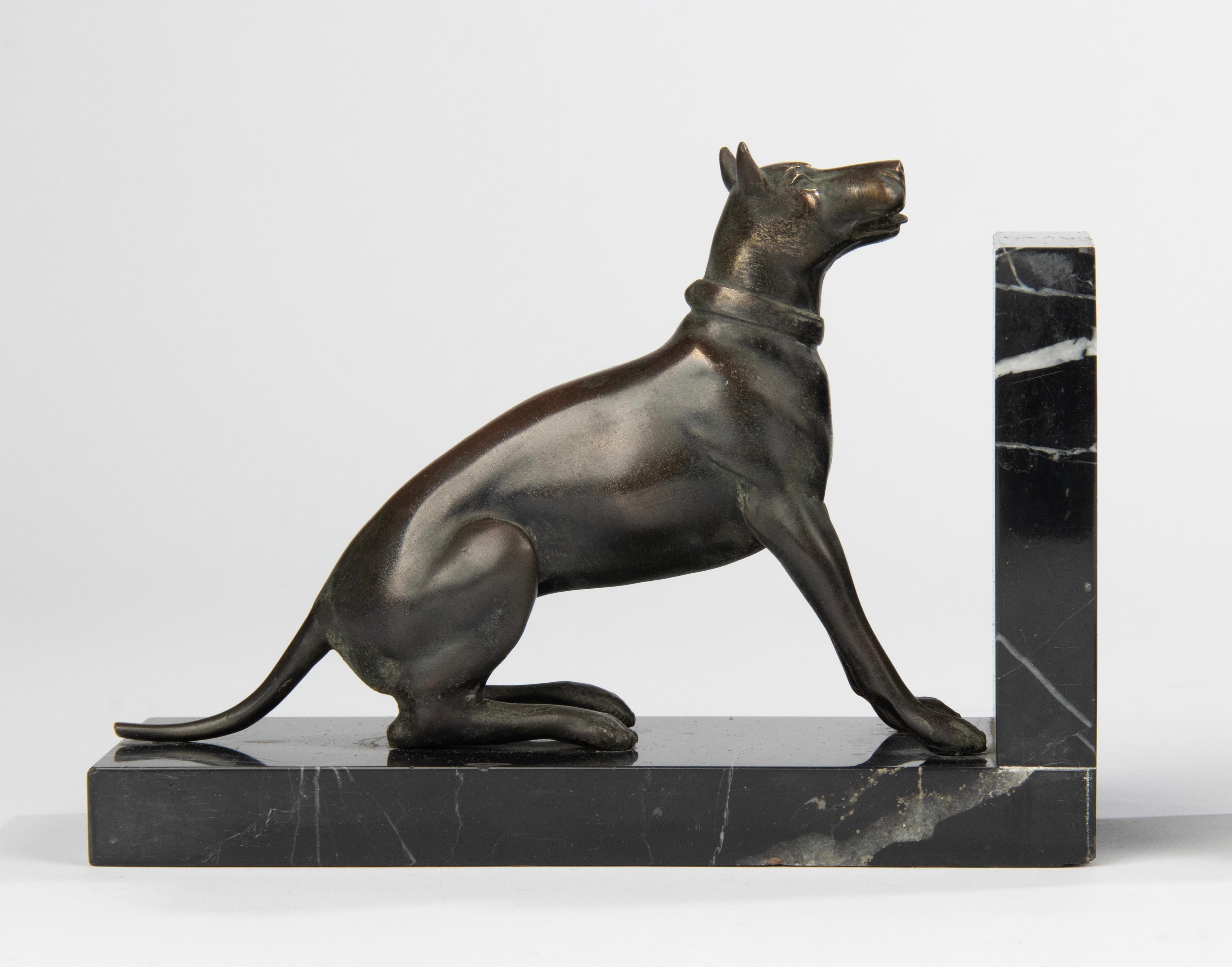 Art Deco Early 20th Century Patinated Spelter and Marble Bookends with Danish Dogs For Sale