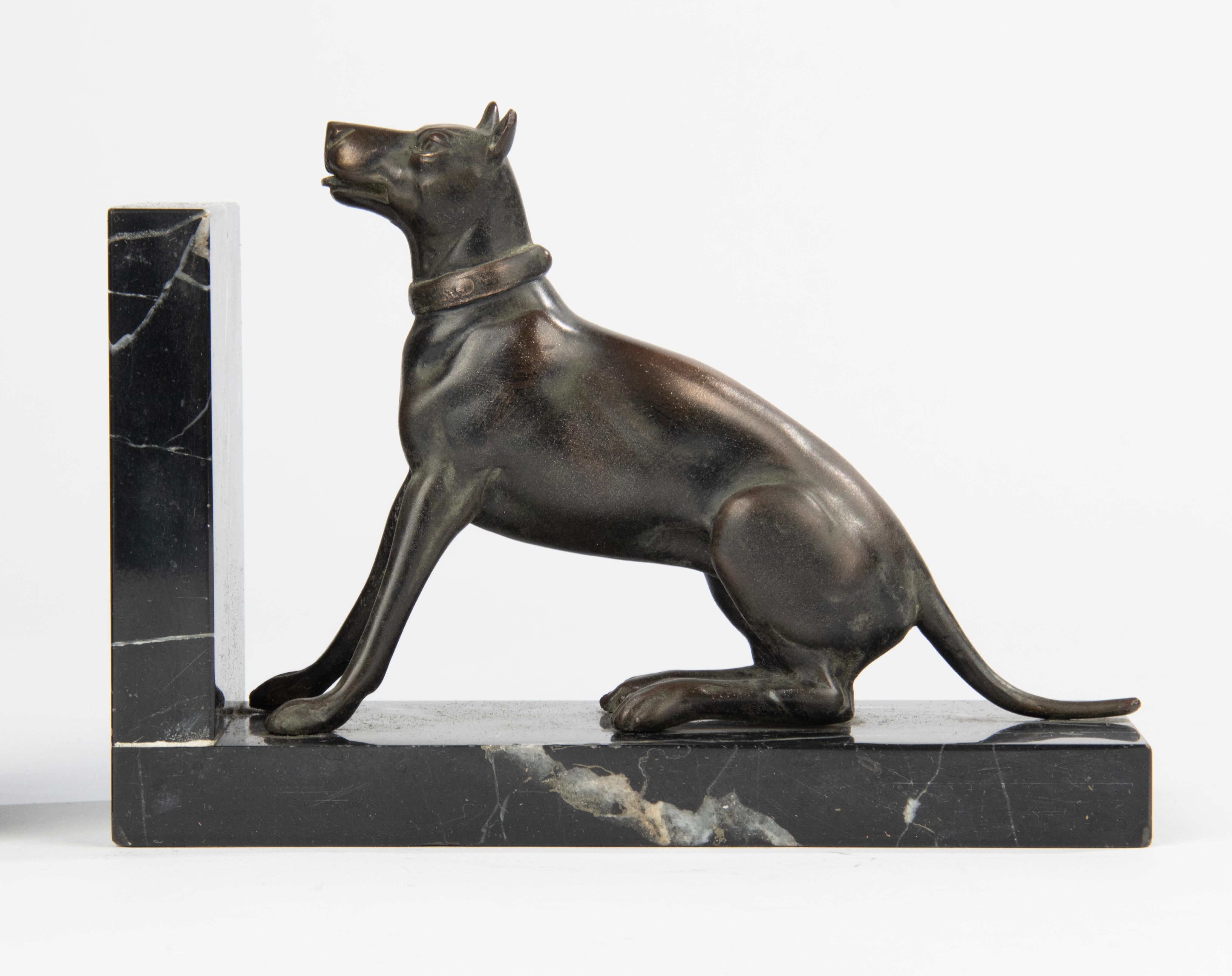 French Early 20th Century Patinated Spelter and Marble Bookends with Danish Dogs For Sale