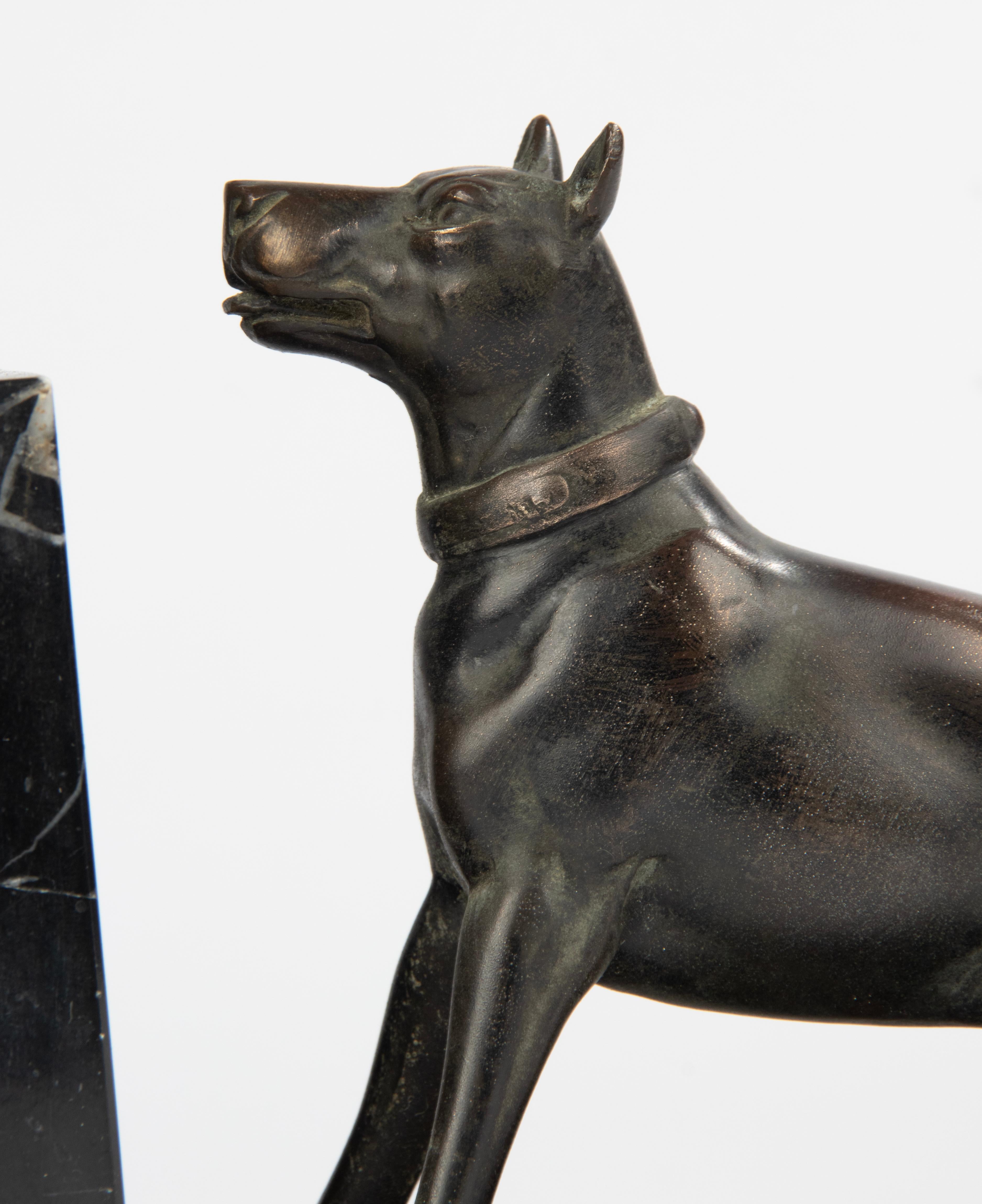 Early 20th Century Patinated Spelter and Marble Bookends with Danish Dogs For Sale 1