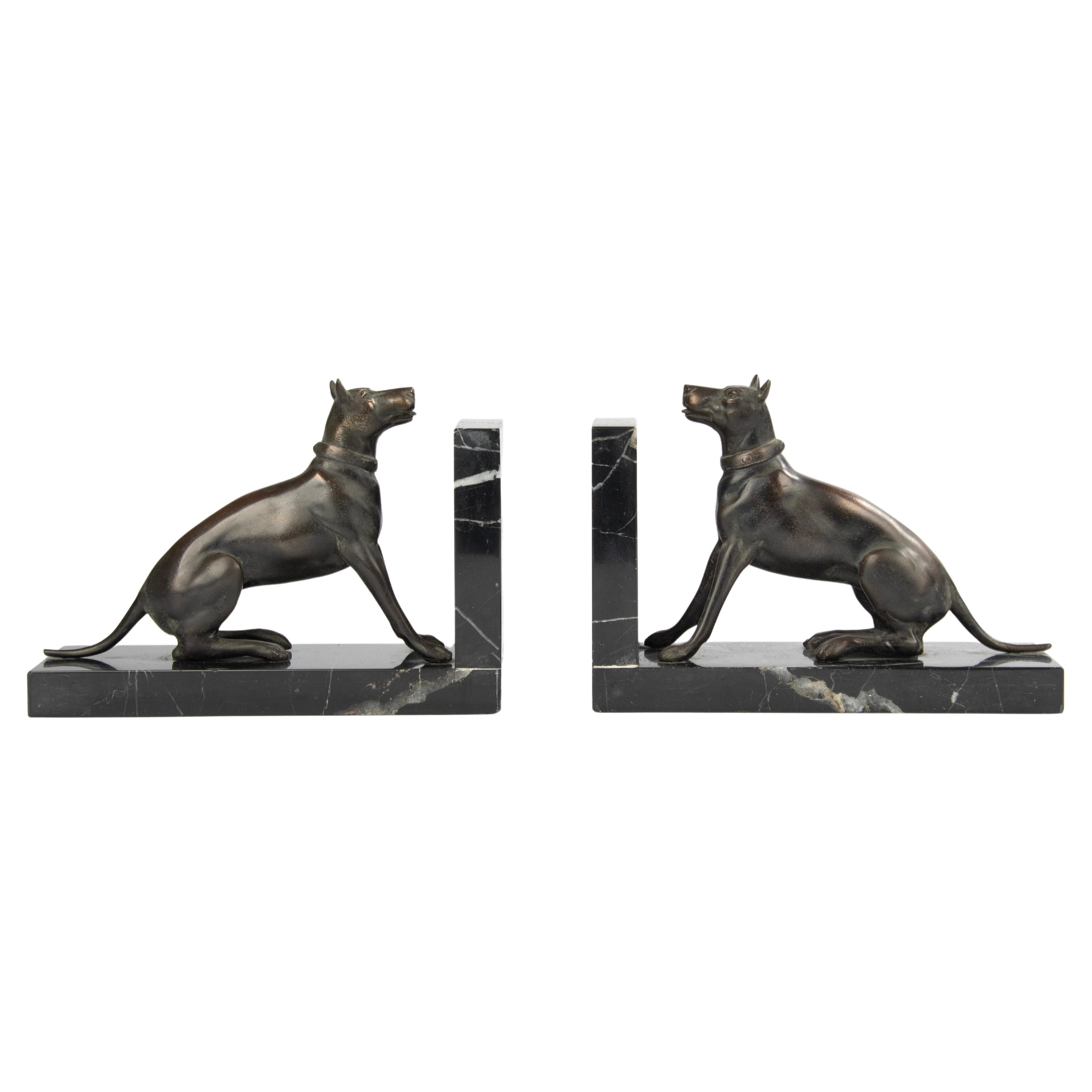 Early 20th Century Patinated Spelter and Marble Bookends with Danish Dogs For Sale