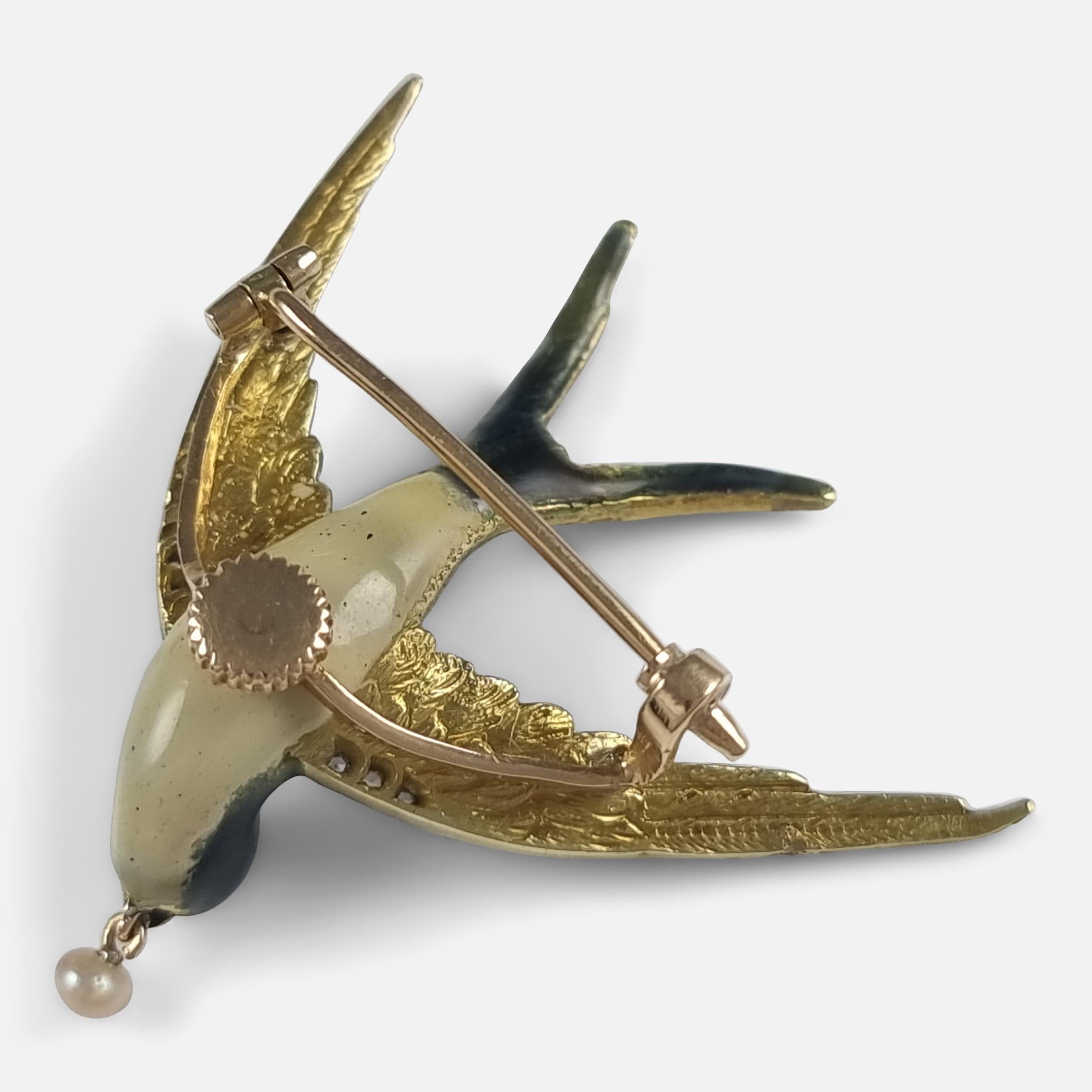 Early 20th Century Pearl and Diamond Swallow Brooch 6