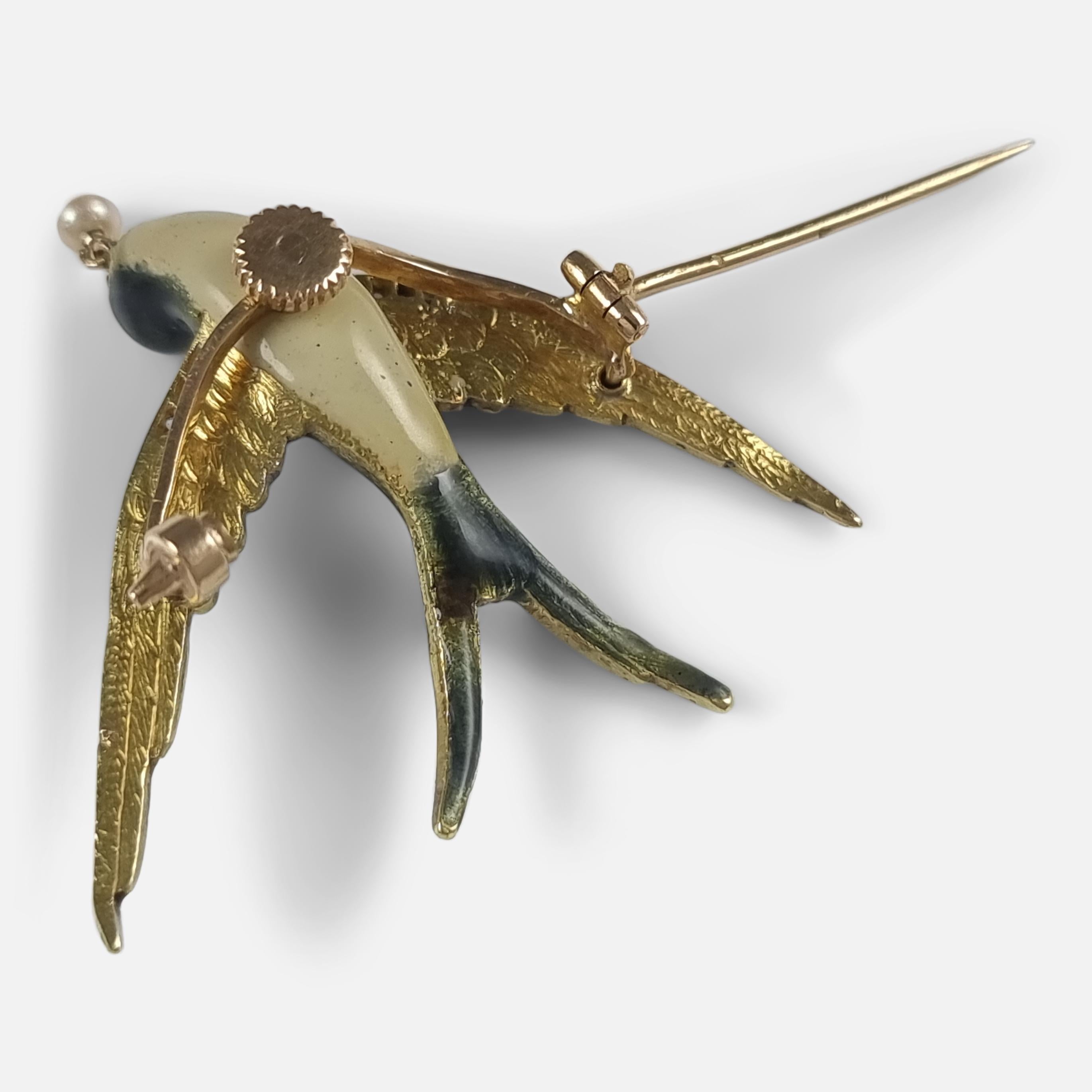 Early 20th Century Pearl and Diamond Swallow Brooch 7