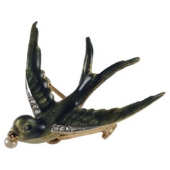 Early 20th Century Pearl and Diamond Swallow Brooch