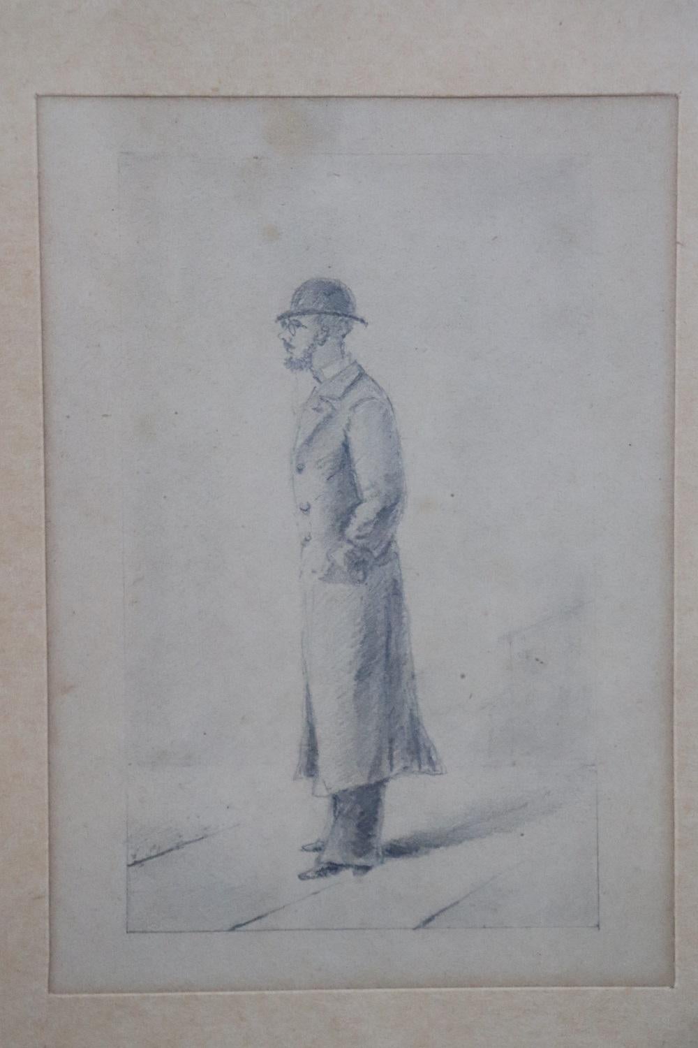Italian Early 20th Century Pencil Drawing, Gentleman with Hat For Sale