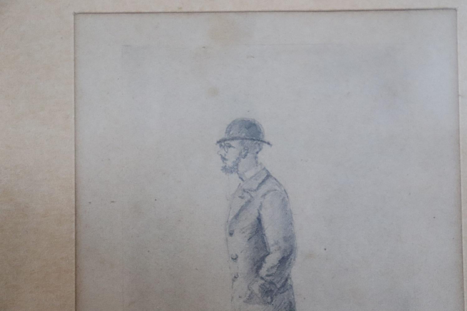 Early 20th Century Pencil Drawing, Gentleman with Hat In Excellent Condition For Sale In Casale Monferrato, IT