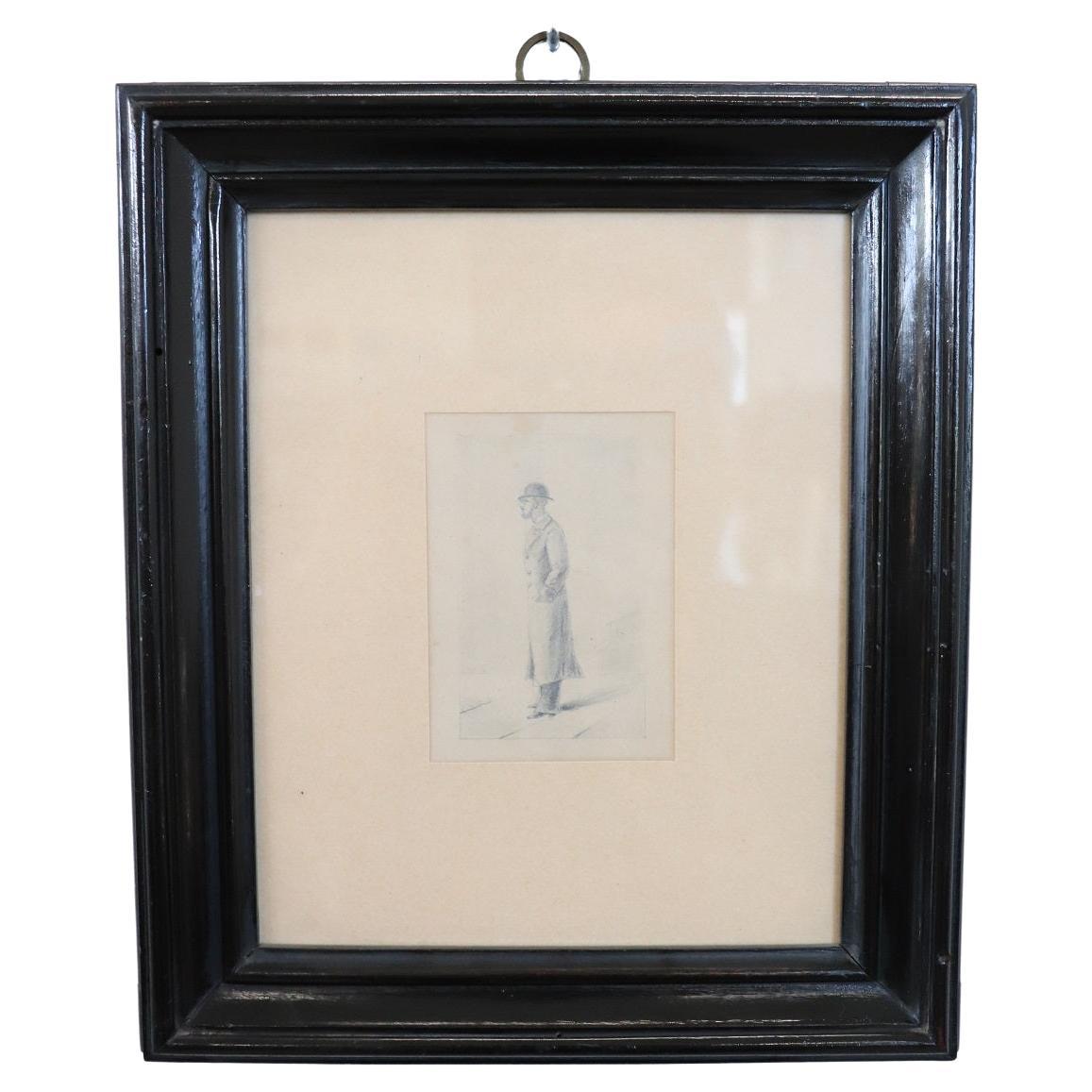 Early 20th Century Pencil Drawing, Gentleman with Hat For Sale
