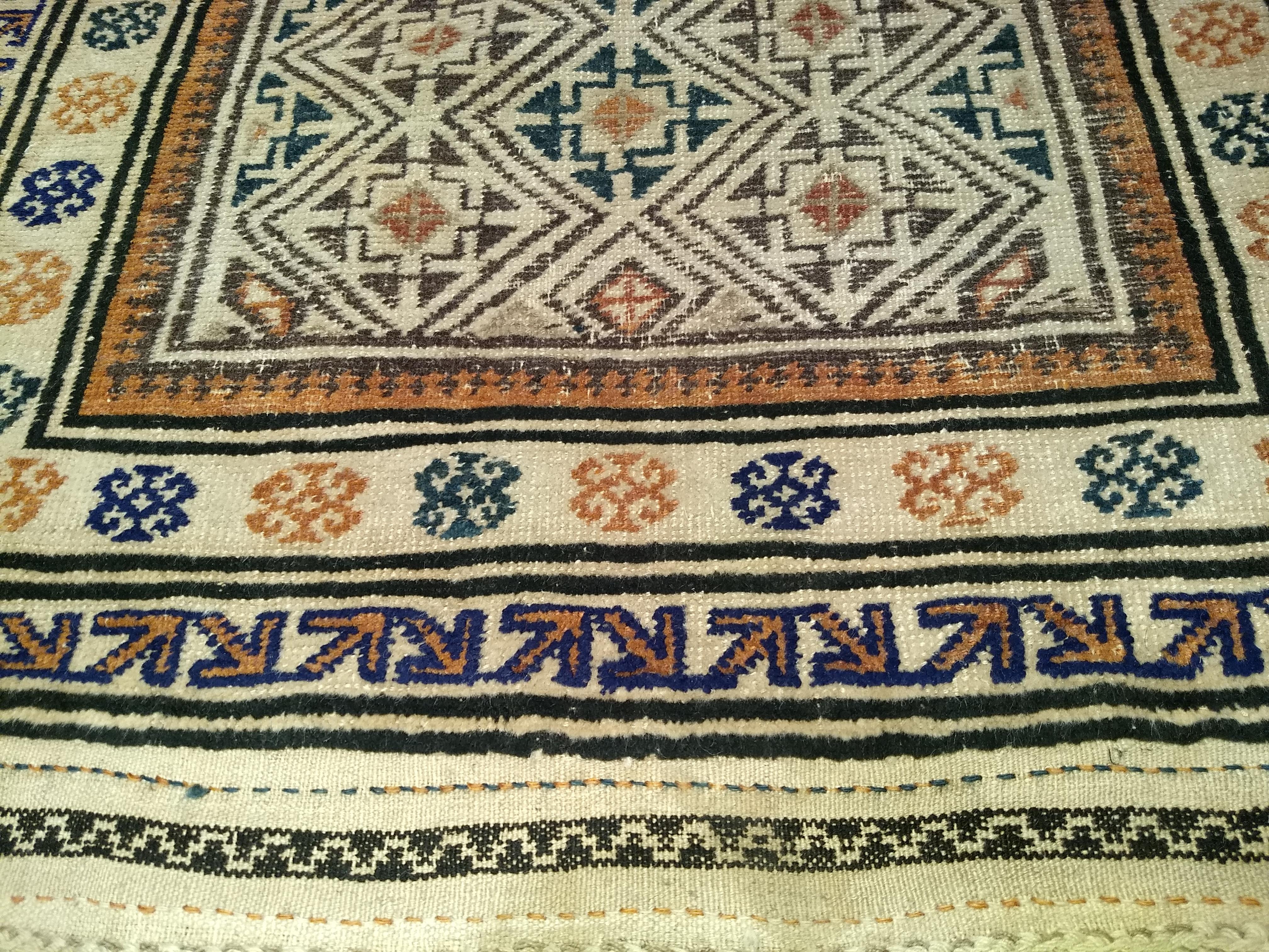 Early 20th Century Persian Baluch Prayer Rug Pattern in Ivory, Brown, Navy Blue For Sale 1