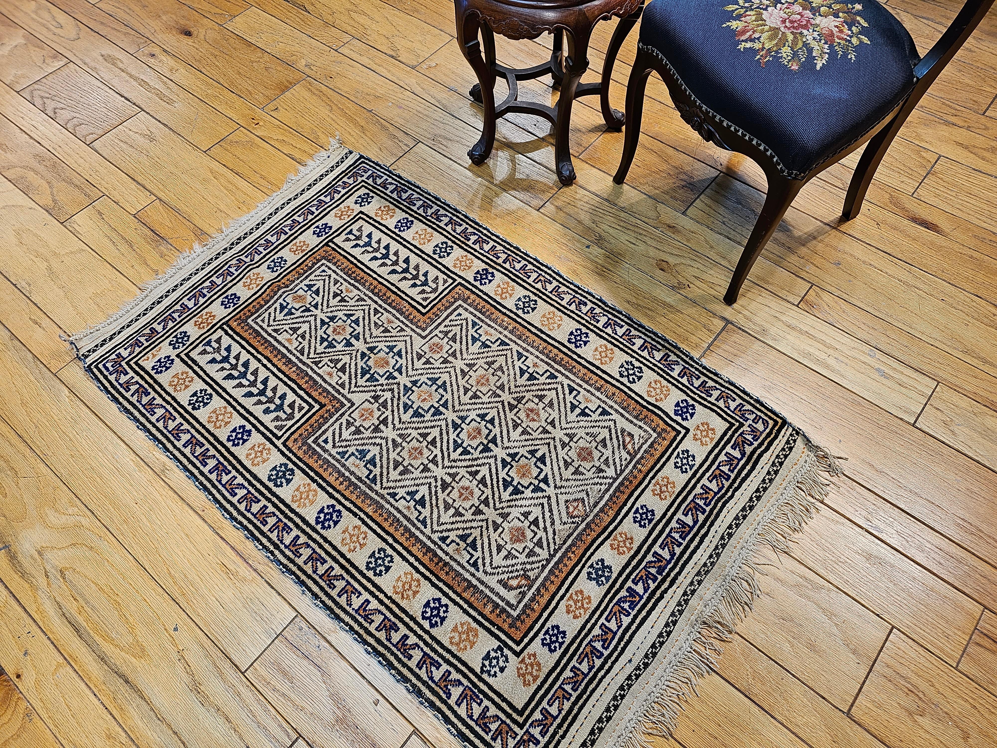 Early 20th Century Persian Baluch Prayer Area Rug in Ivory, Blue, Brown For Sale 2