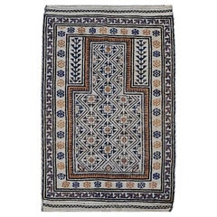 Antique Early 20th Century Persian Baluch Prayer Rug Pattern in Ivory, Brown, Navy Blue