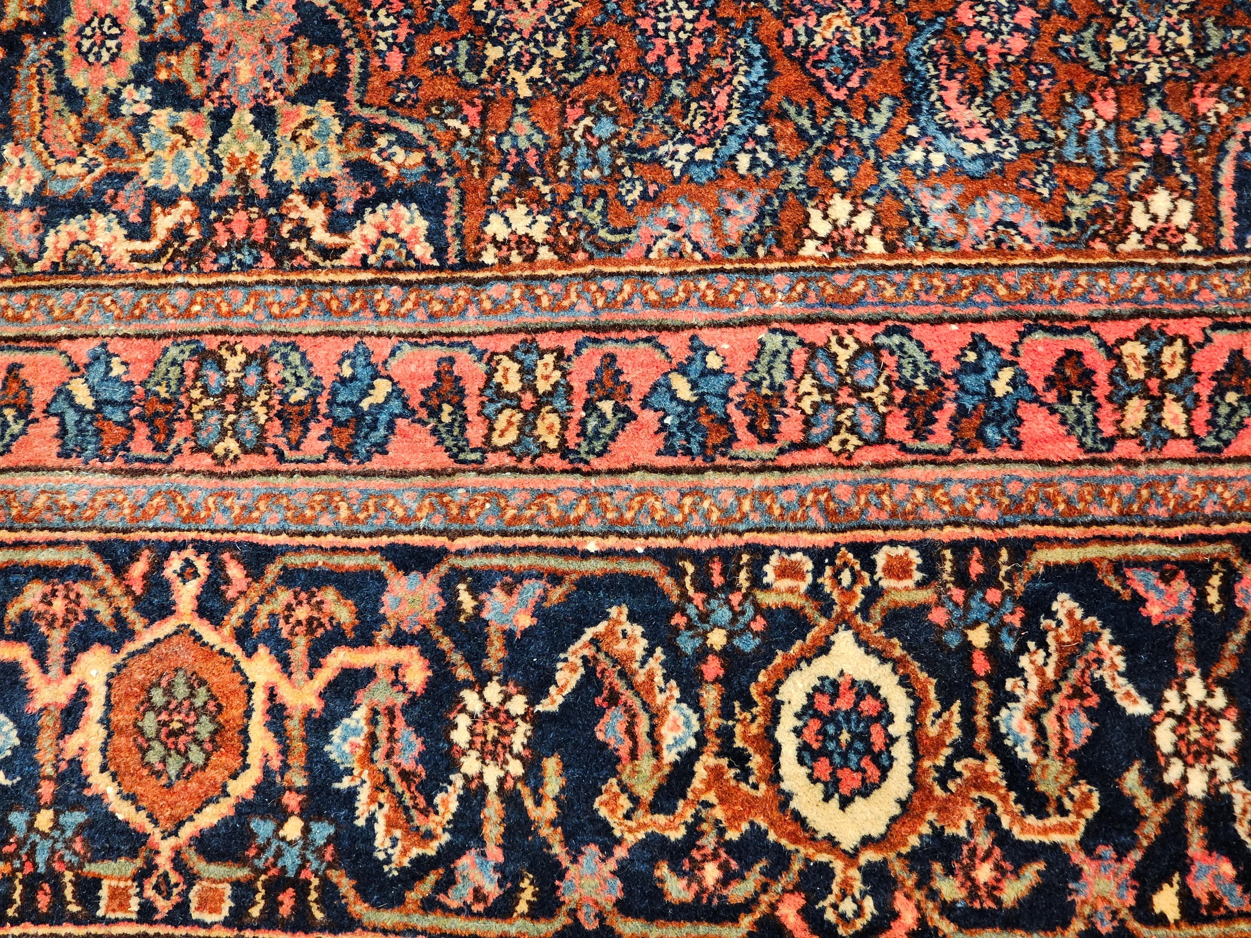 Early 1900s Persian Bibikabad in Herati Pattern in Rust Red, French Blue, Green For Sale 6