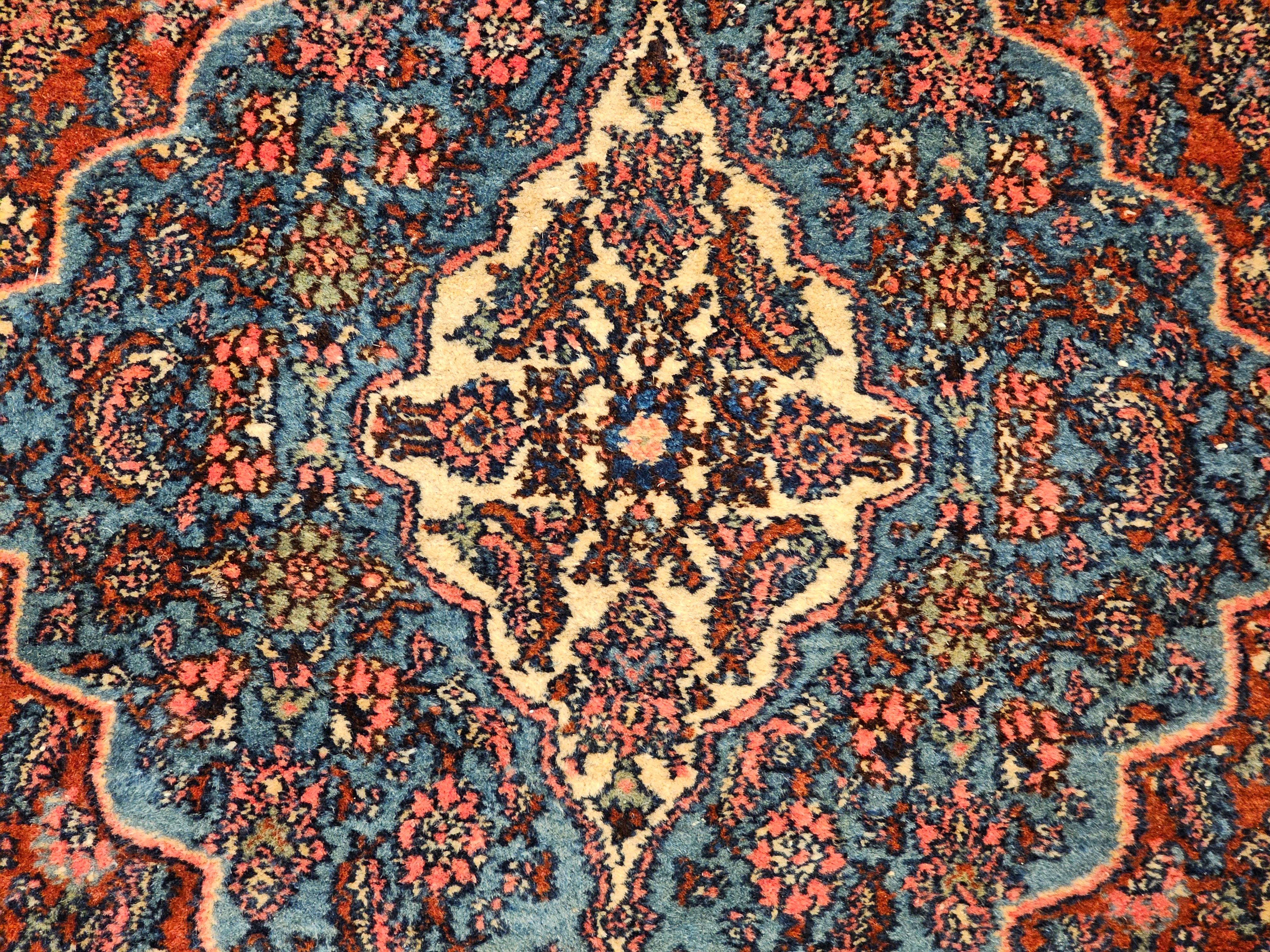 Early 1900s Persian Bibikabad in Herati Pattern in Rust Red, French Blue, Green For Sale 8